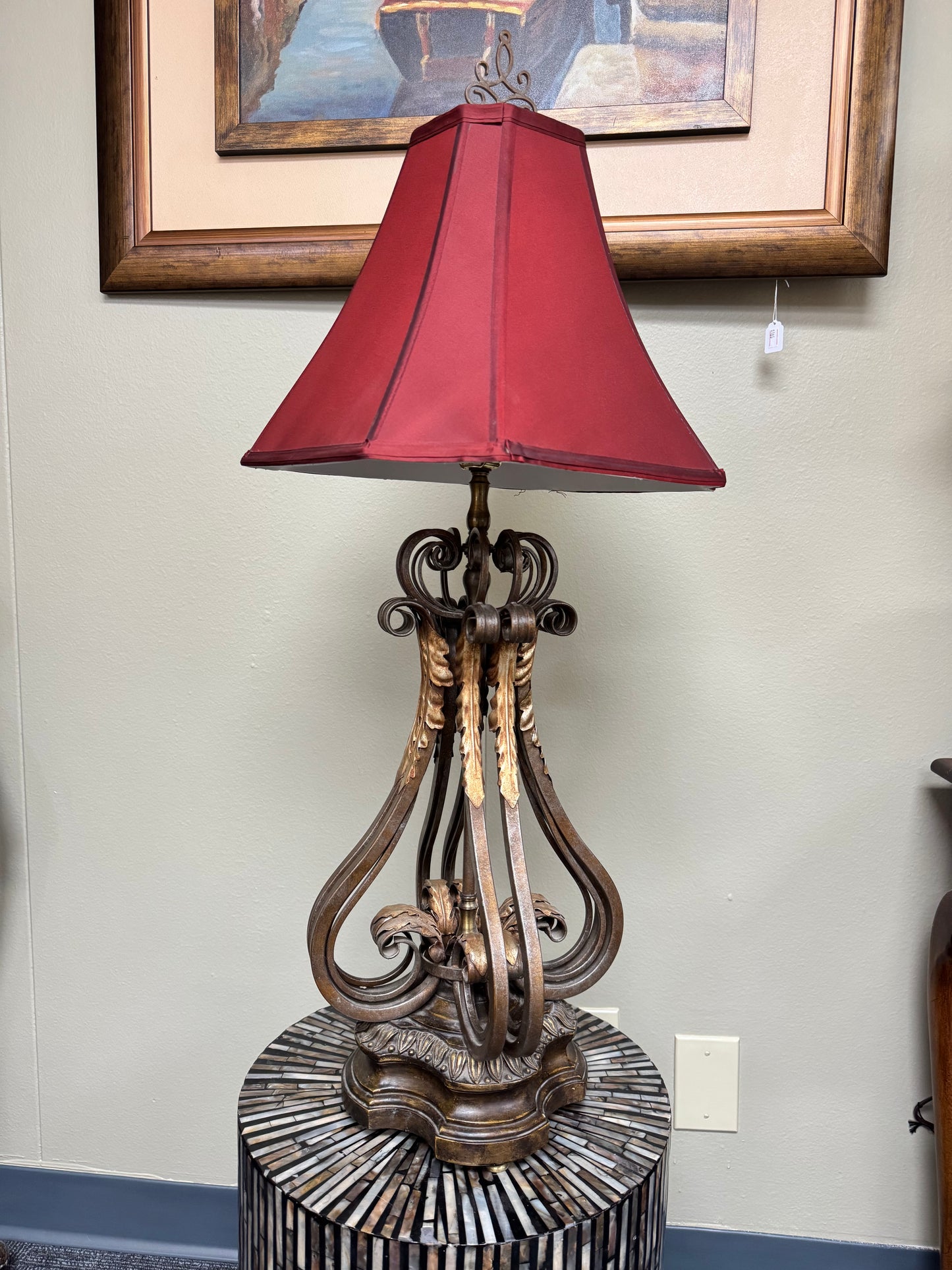 Ornate Scroll Metal Table Lamp w/ Red Shade – Traditional Tuscan Style Accent Lighting Tall -35