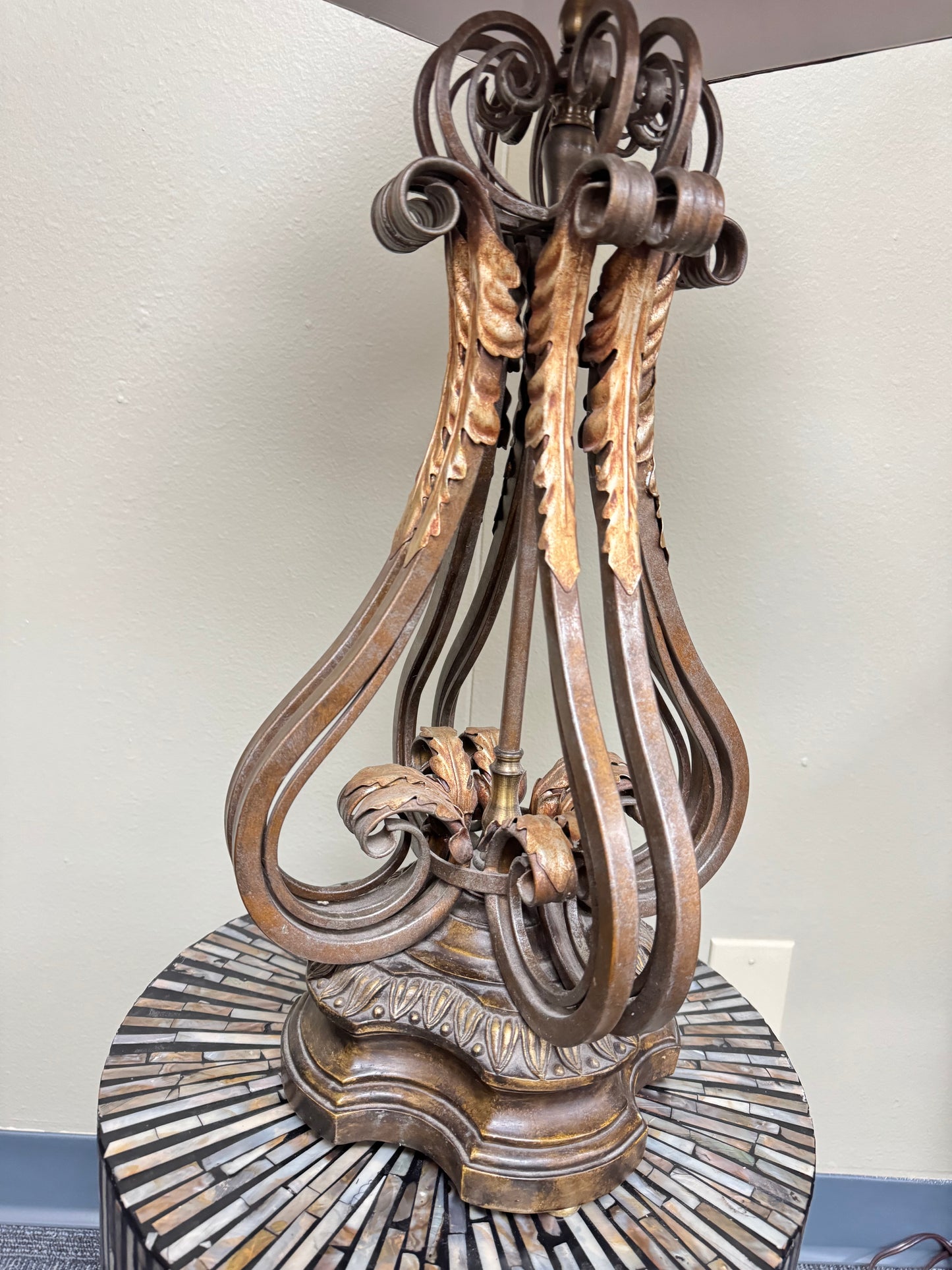 Ornate Scroll Metal Table Lamp w/ Red Shade – Traditional Tuscan Style Accent Lighting Tall -35