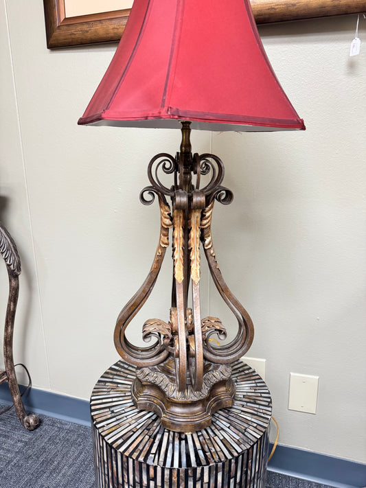 Ornate Scroll Metal Table Lamp w/ Red Shade – Traditional Tuscan Style Accent Lighting Tall -35