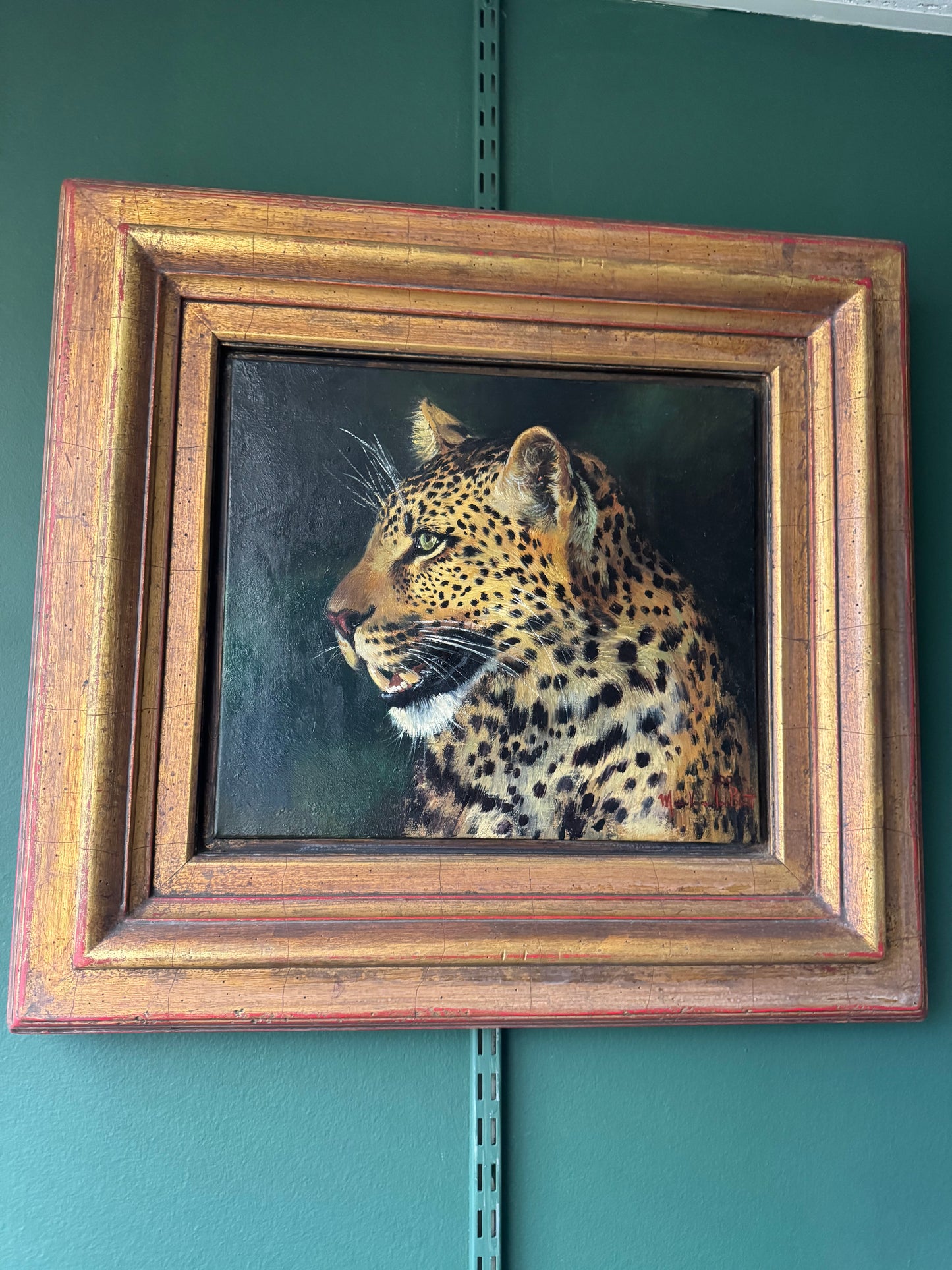Original Signed South African Leopard Oil Painting in Ornate Gold Frame 26"x23"