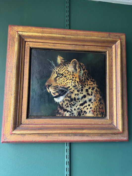 Original Signed South African Leopard Oil Painting in Ornate Gold Frame 26"x23"