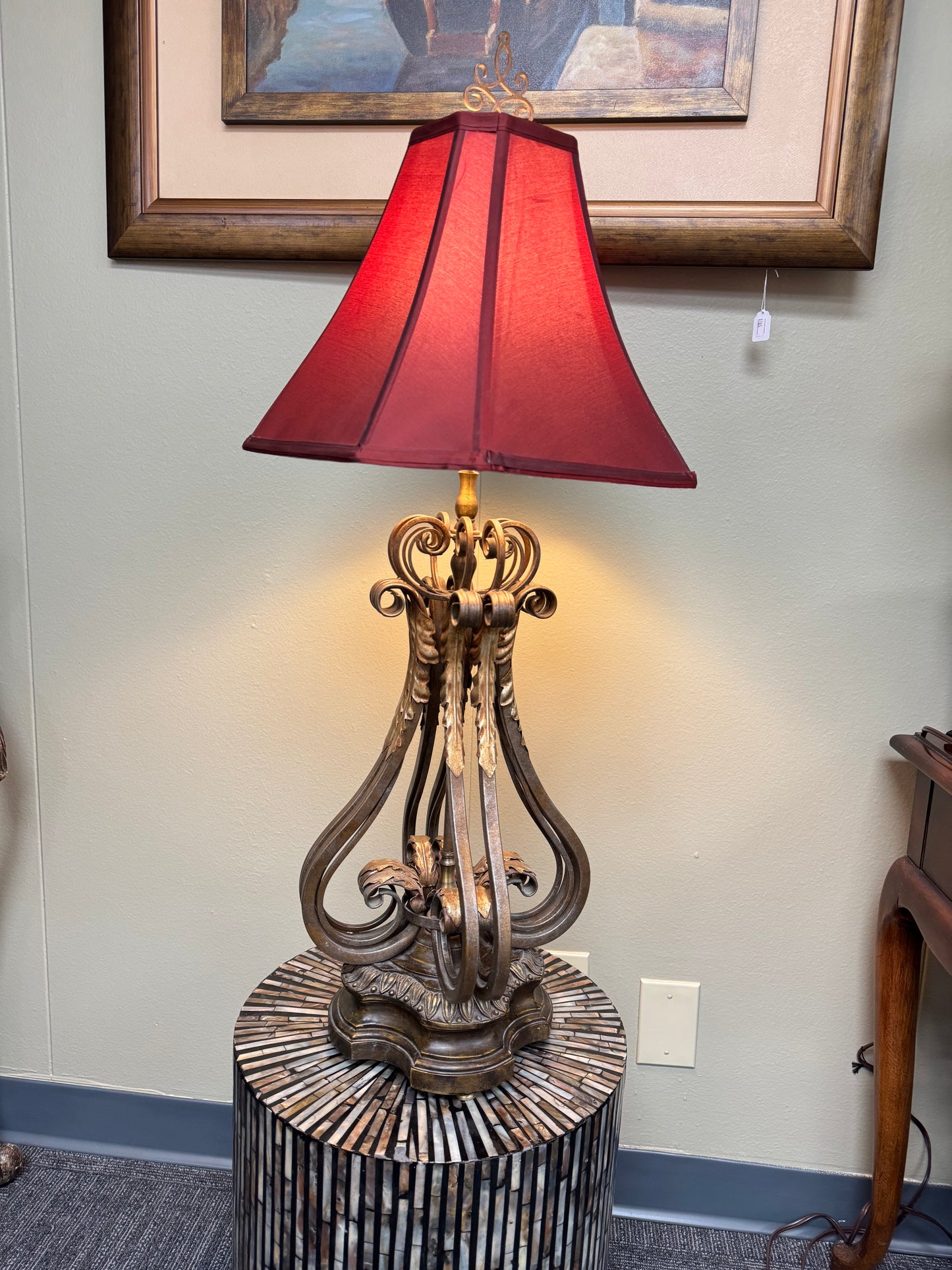 Ornate Scroll Metal Table Lamp w/ Red Shade – Traditional Tuscan Style Accent Lighting Tall -35