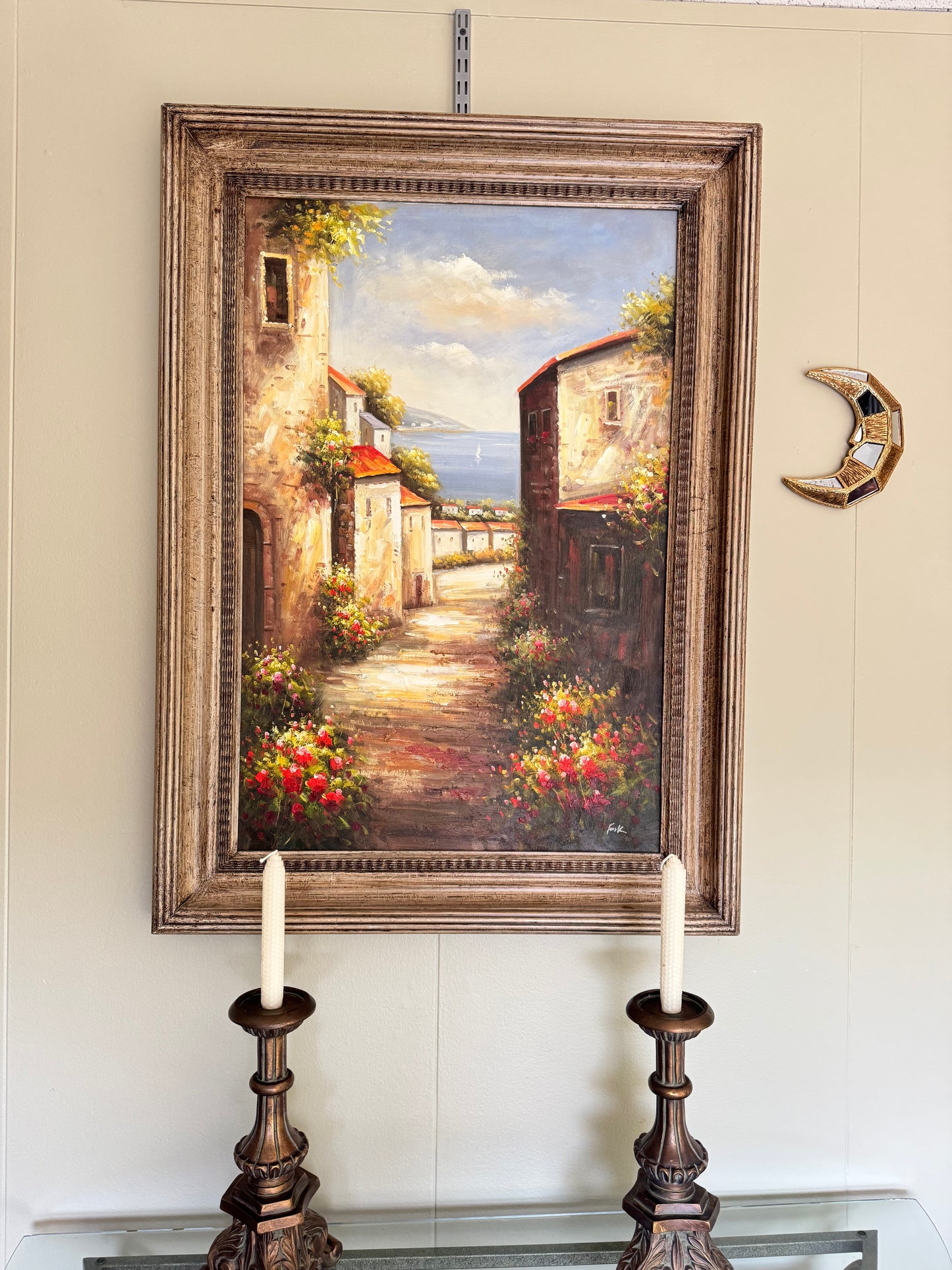 Large Framed Mediterranean Coastal Village Oil Painting Signed “Frank” 42x31 Impressionist Wall Art
