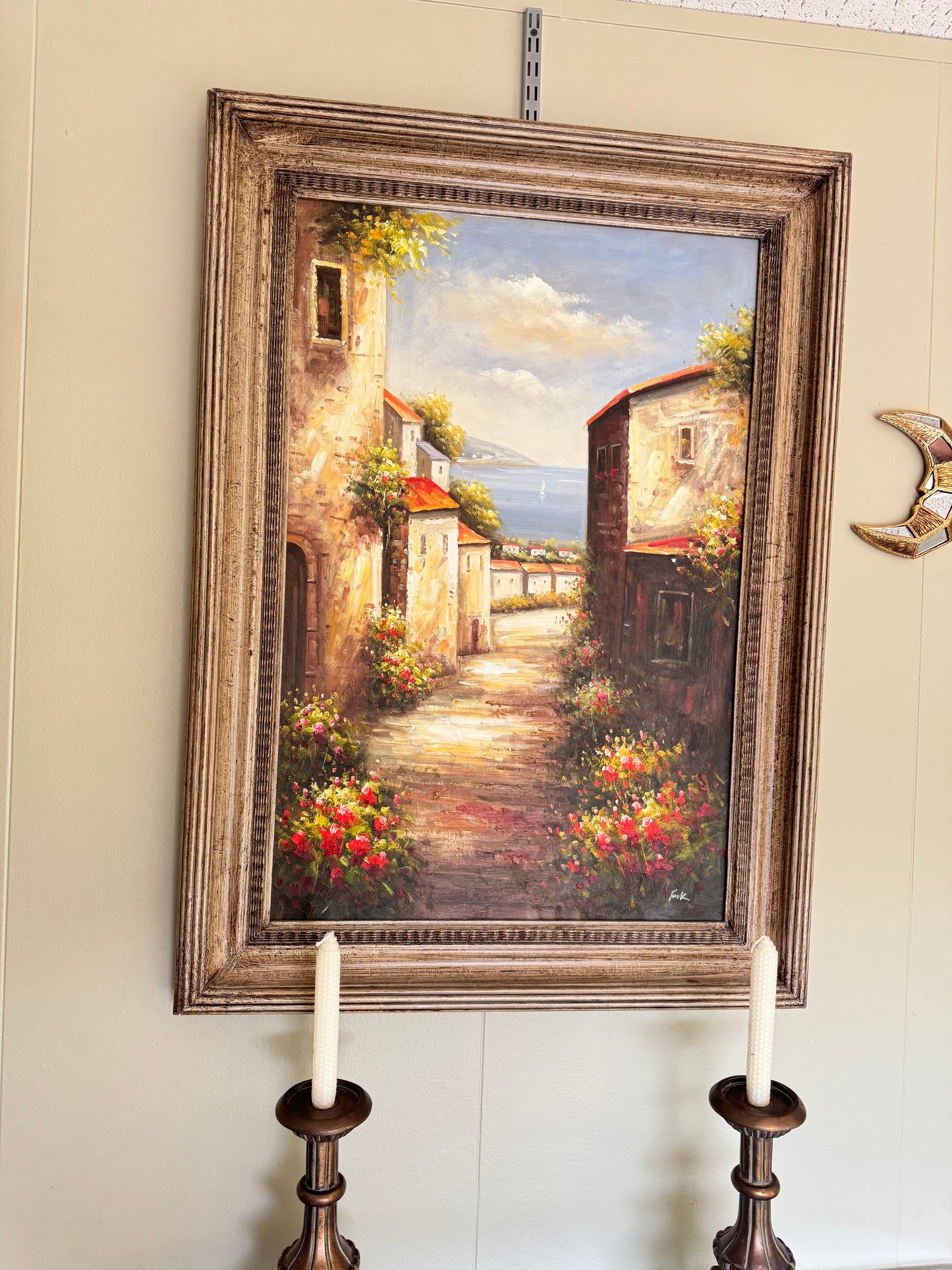 Large Framed Mediterranean Coastal Village Oil Painting Signed “Frank” 42x31 Impressionist Wall Art
