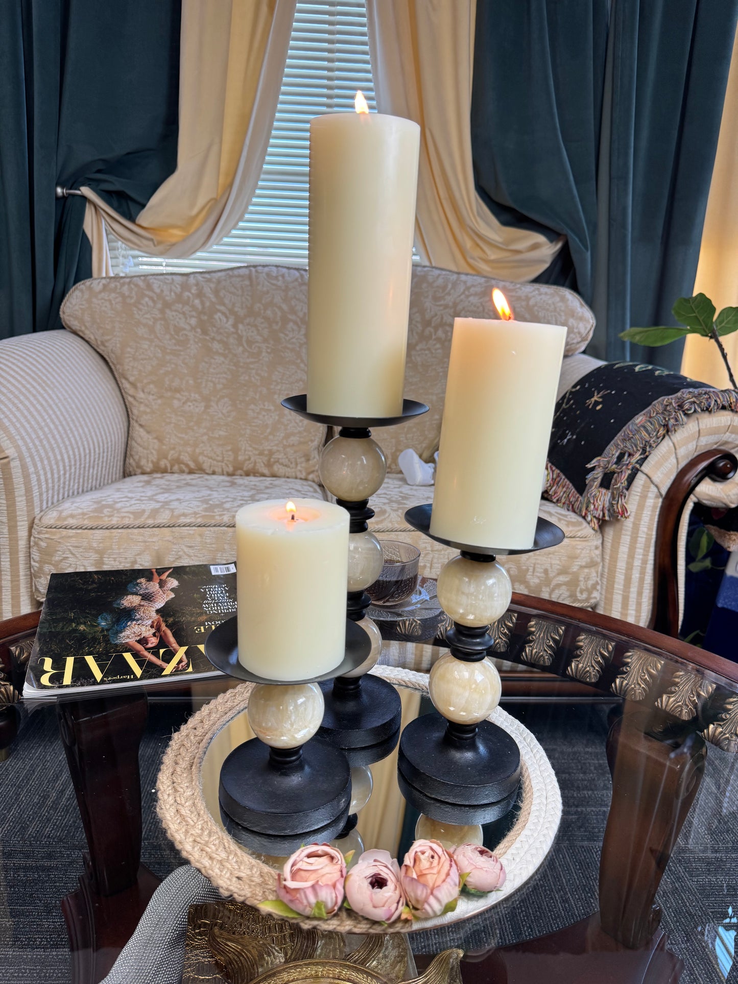 Set of 3 Vintage  Genuine Marble & Black Metal Pillar Candle Holders
