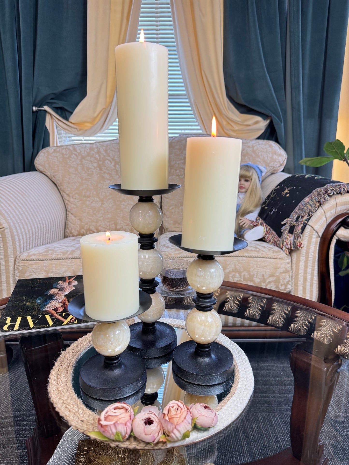Set of 3 Vintage  Genuine Marble & Black Metal Pillar Candle Holders
