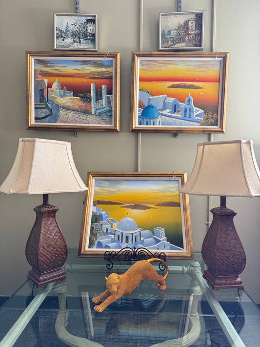 Signed Painting Set of 3 "A . Keiser"Signed  Santorini Coastal Wall Sunset Seascapes, Blue Dome Greek Decor,