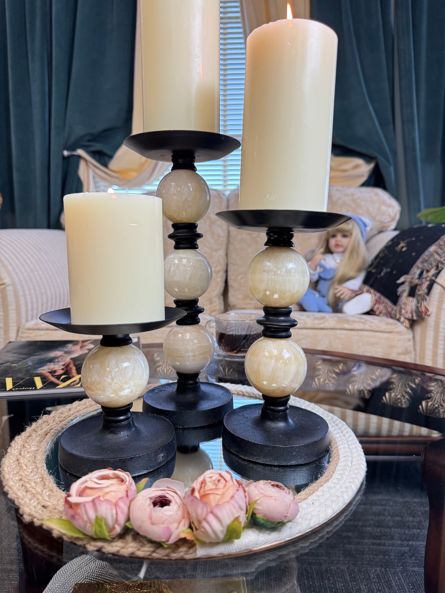Set of 3 Vintage  Genuine Marble & Black Metal Pillar Candle Holders