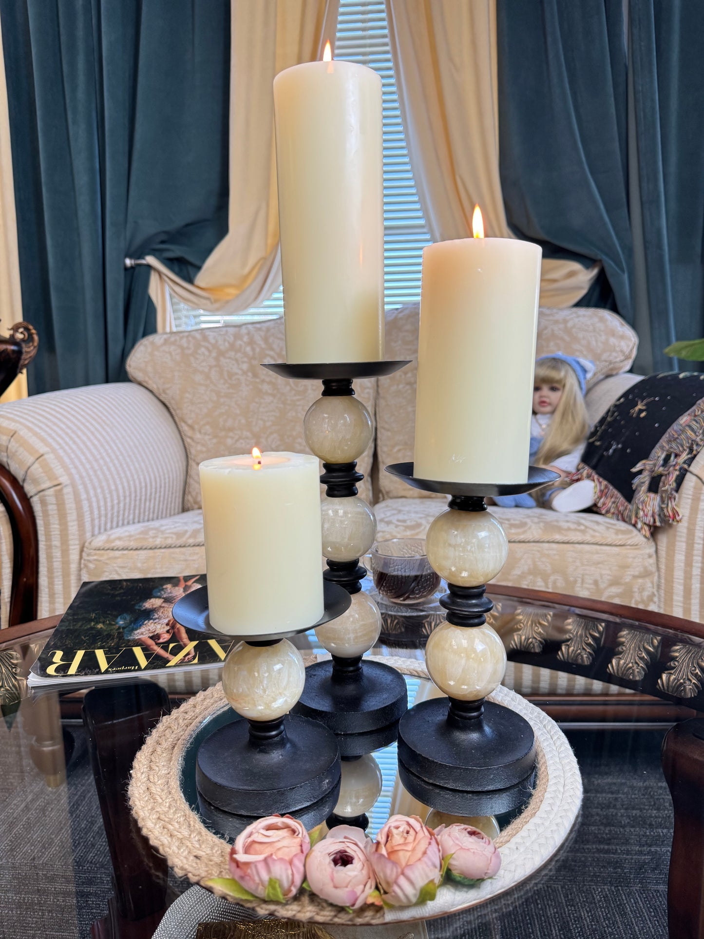 Set of 3 Vintage  Genuine Marble & Black Metal Pillar Candle Holders