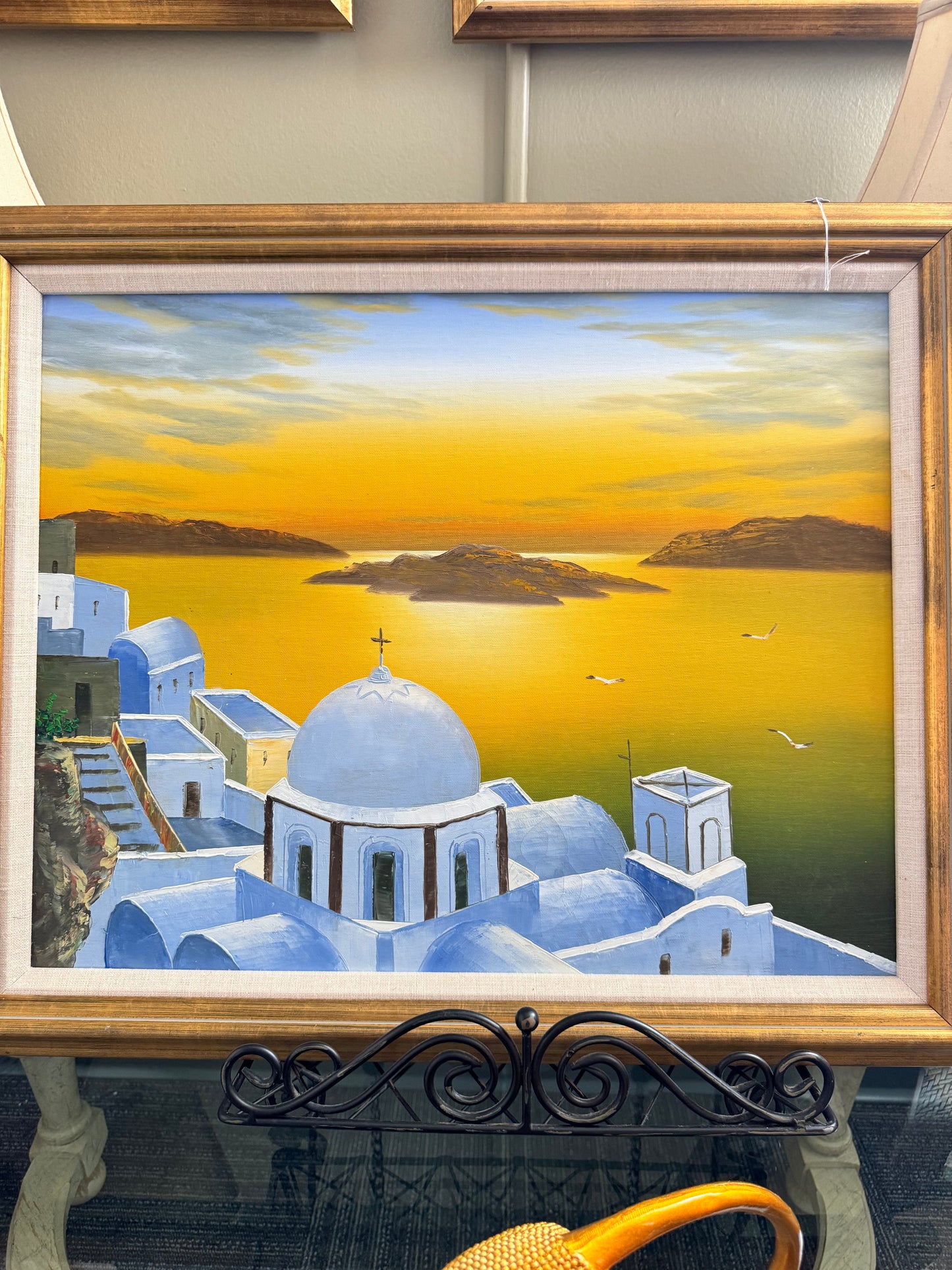 Signed Painting Set of 3 "A . Keiser"Signed  Santorini Coastal Wall Sunset Seascapes, Blue Dome Greek Decor,