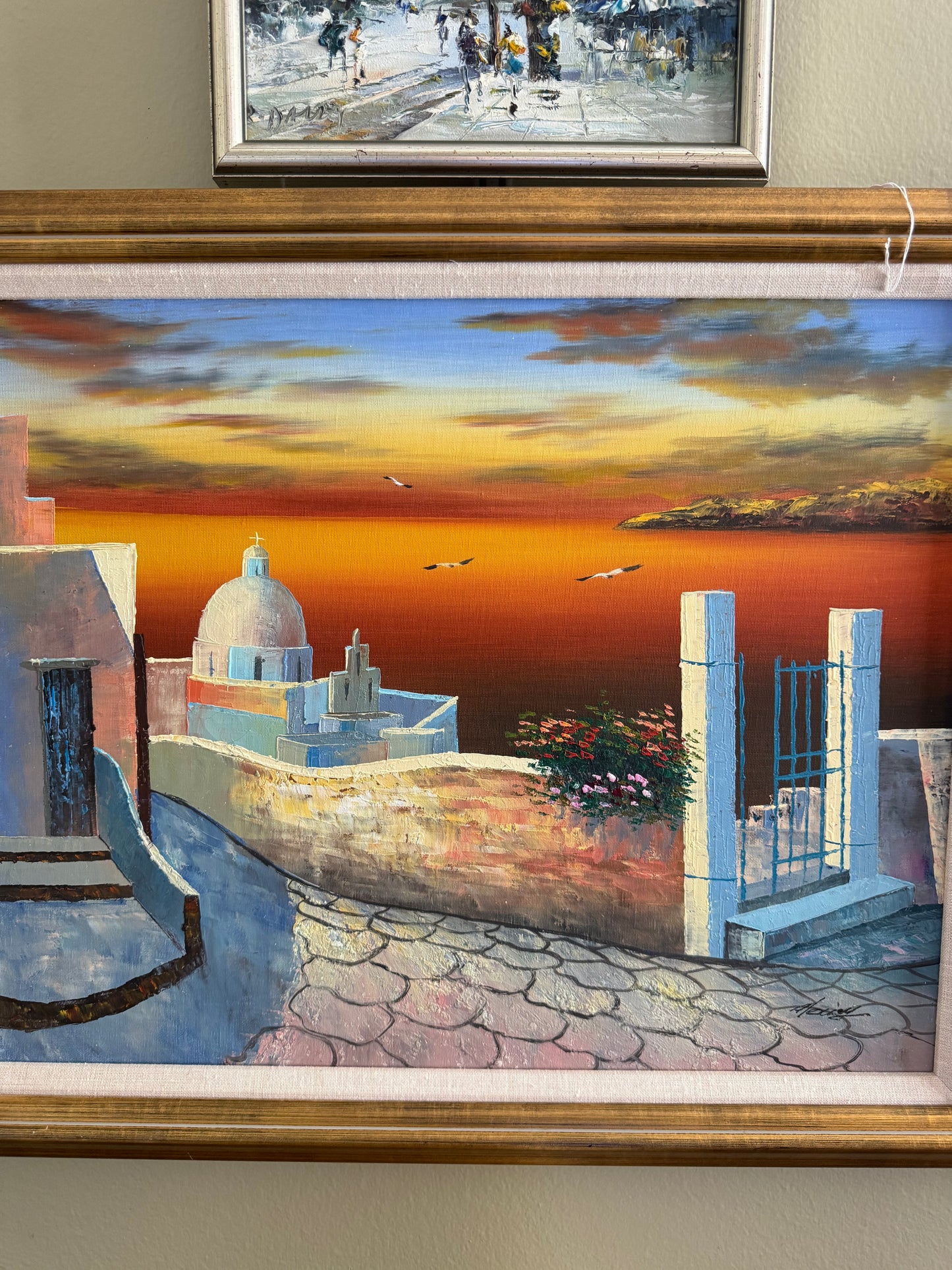Signed Painting Set of 3 "A . Keiser"Signed  Santorini Coastal Wall Sunset Seascapes, Blue Dome Greek Decor,