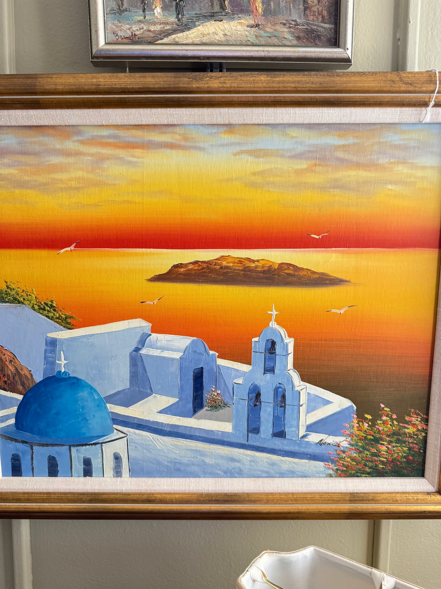 Signed Painting Set of 3 "A . Keiser"Signed  Santorini Coastal Wall Sunset Seascapes, Blue Dome Greek Decor,