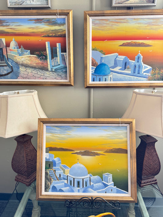 Signed Painting Set of 3 "A . Keiser"Signed  Santorini Coastal Wall Sunset Seascapes, Blue Dome Greek Decor,
