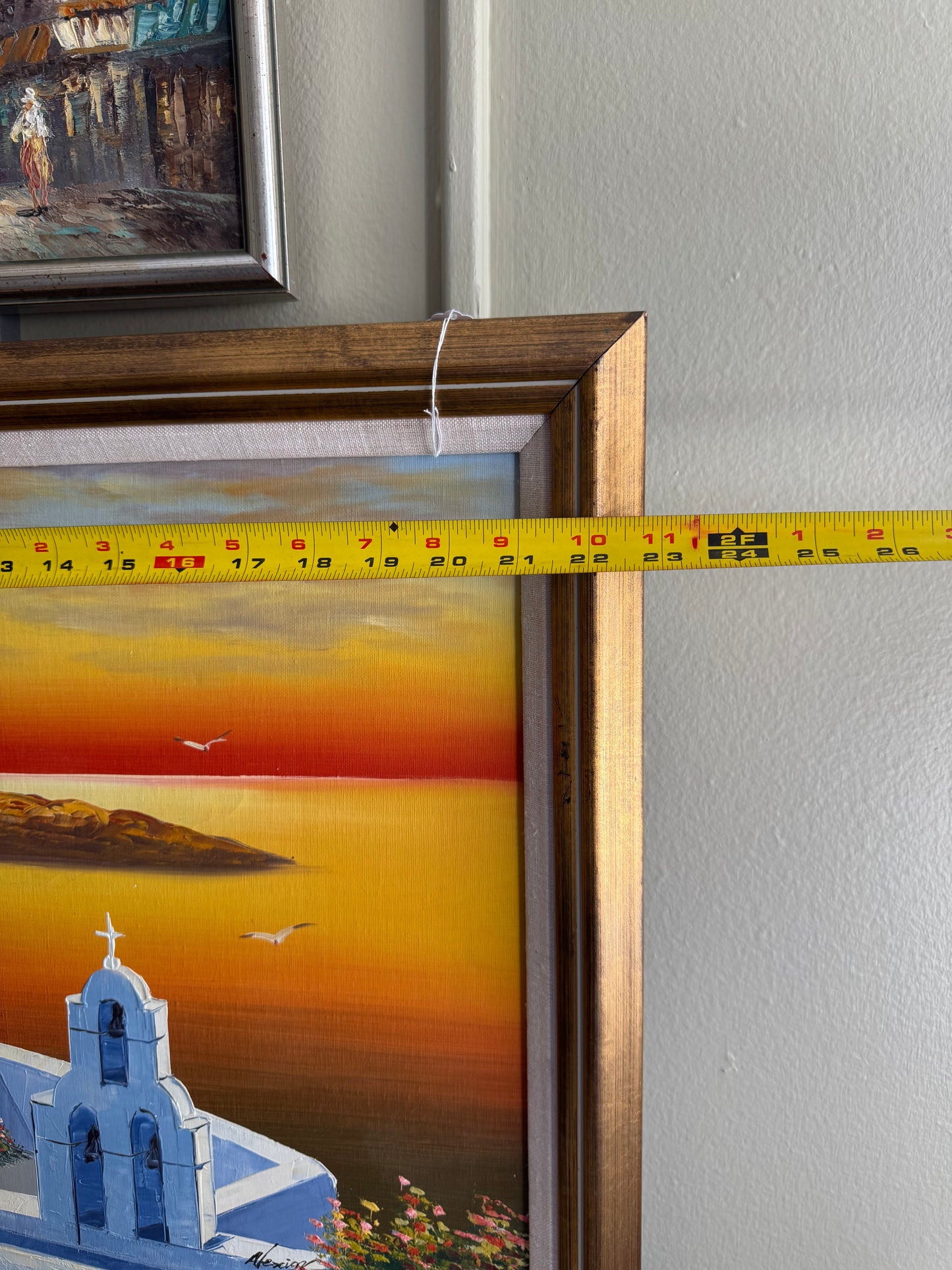Signed Painting Set of 3 "A . Keiser"Signed  Santorini Coastal Wall Sunset Seascapes, Blue Dome Greek Decor,