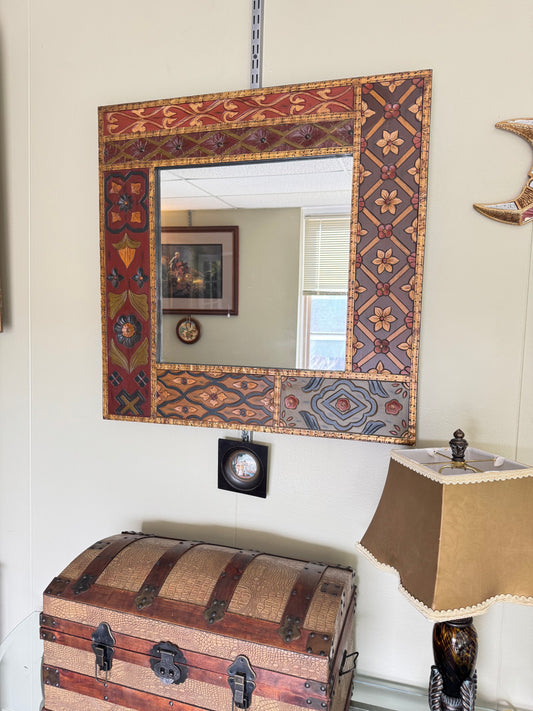 Vintage Carved Wood Wall Mirror 30x30, Hammered Metal Trim, Spanish Mediterranean Decor, Floral Frame Statement Mirror