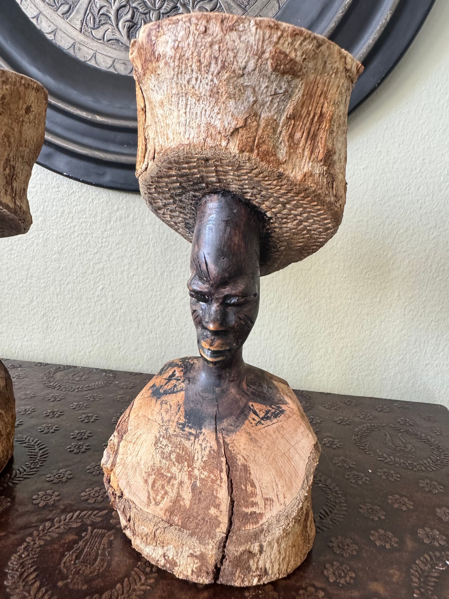 Set of  2 Vintage African Hand Carved Wooden Figurines – Tribal Folk Art Sculptures – Can Be Used as Candle Holders