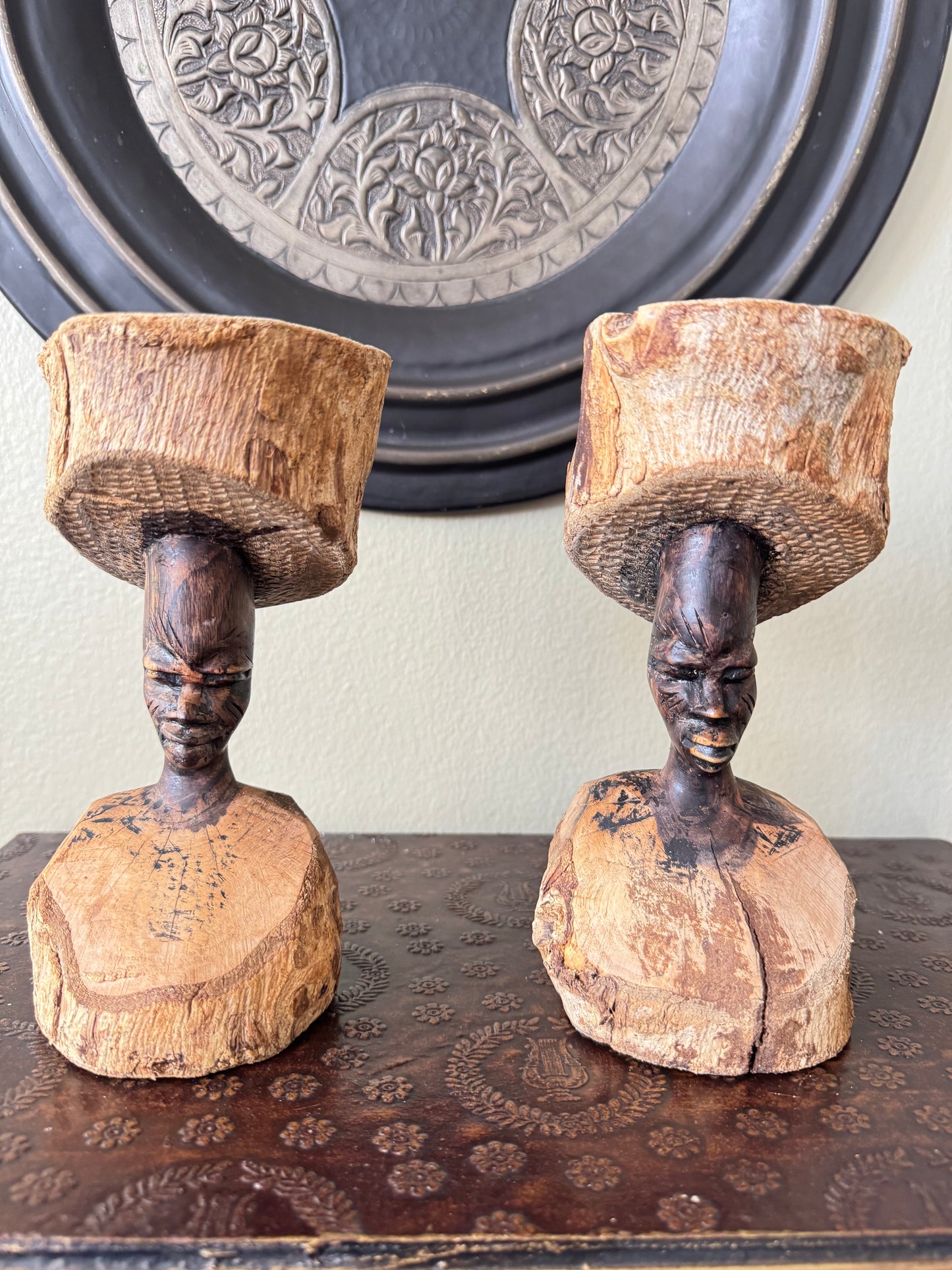 Set of  2 Vintage African Hand Carved Wooden Figurines – Tribal Folk Art Sculptures – Can Be Used as Candle Holders