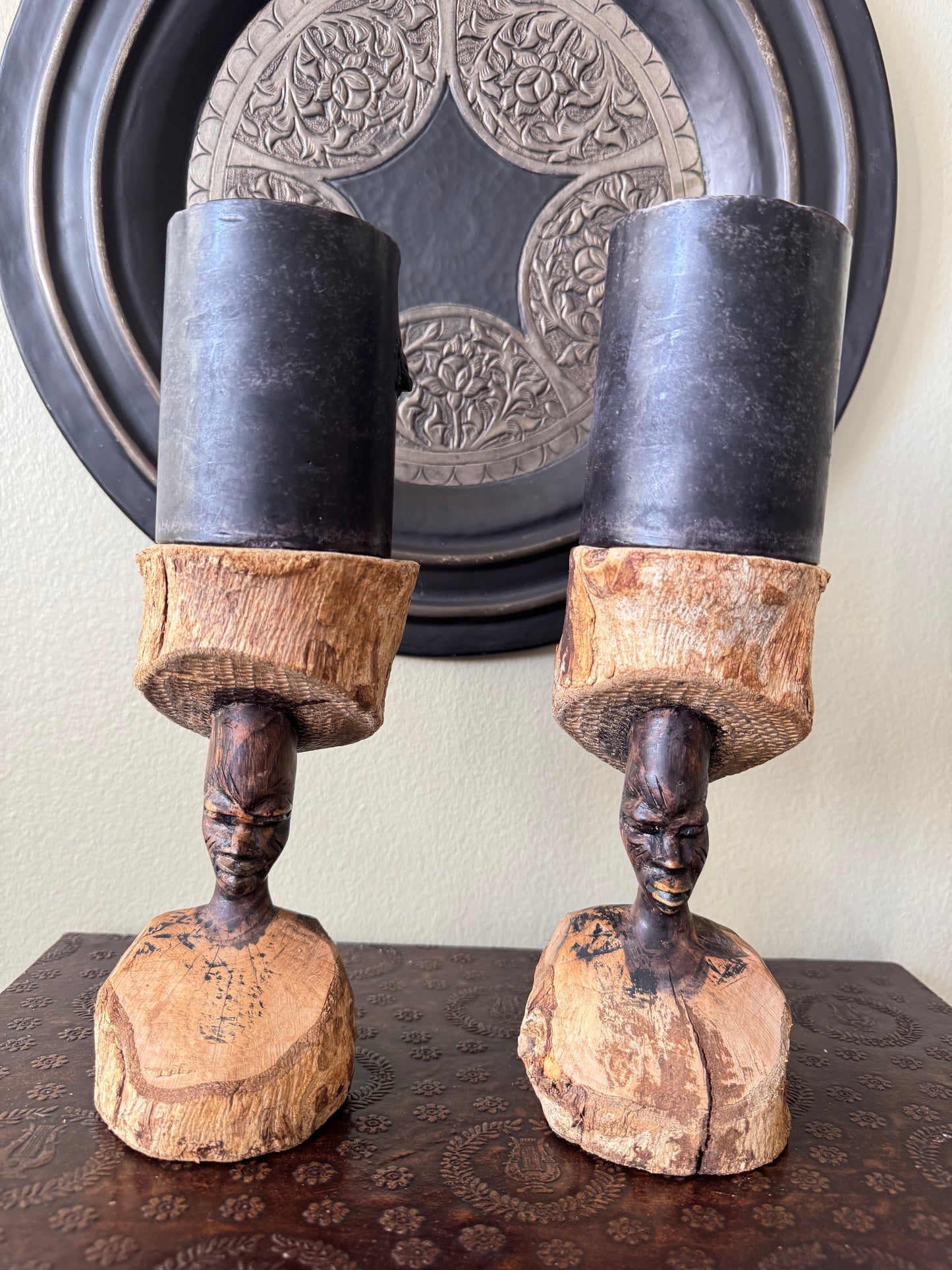 Set of  2 Vintage African Hand Carved Wooden Figurines – Tribal Folk Art Sculptures – Can Be Used as Candle Holders