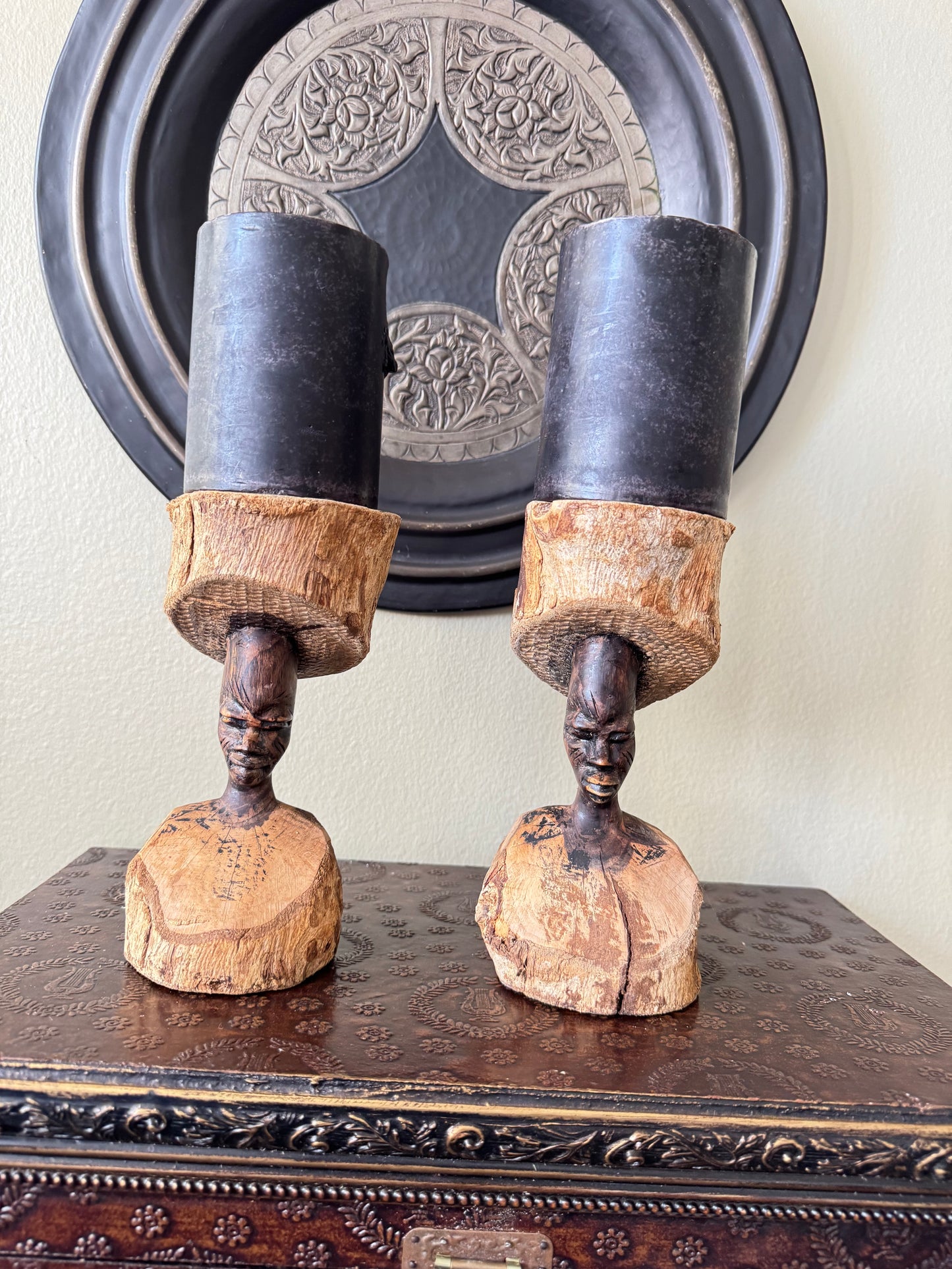 Set of  2 Vintage African Hand Carved Wooden Figurines – Tribal Folk Art Sculptures – Can Be Used as Candle Holders