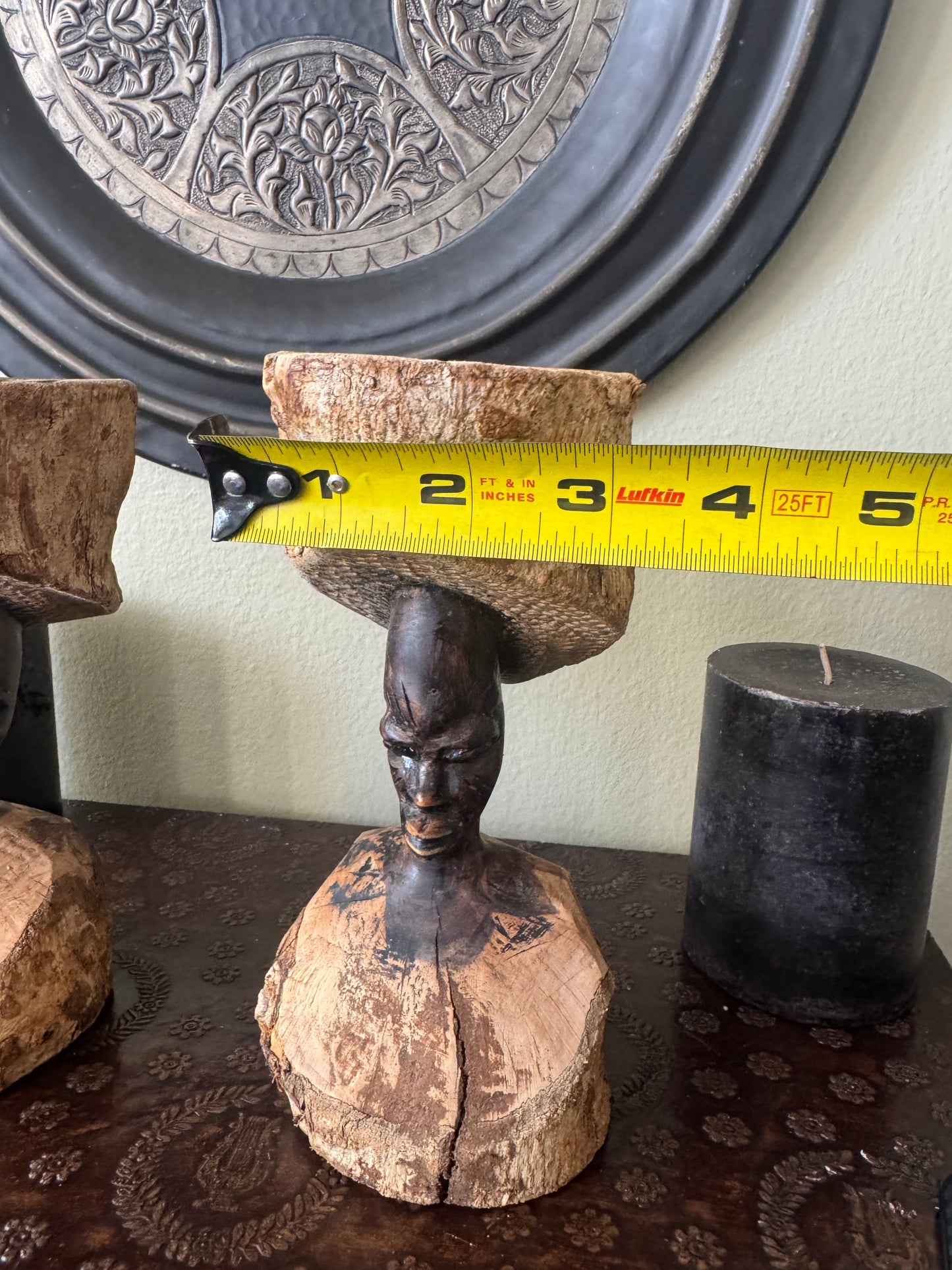 Set of  2 Vintage African Hand Carved Wooden Figurines – Tribal Folk Art Sculptures – Can Be Used as Candle Holders
