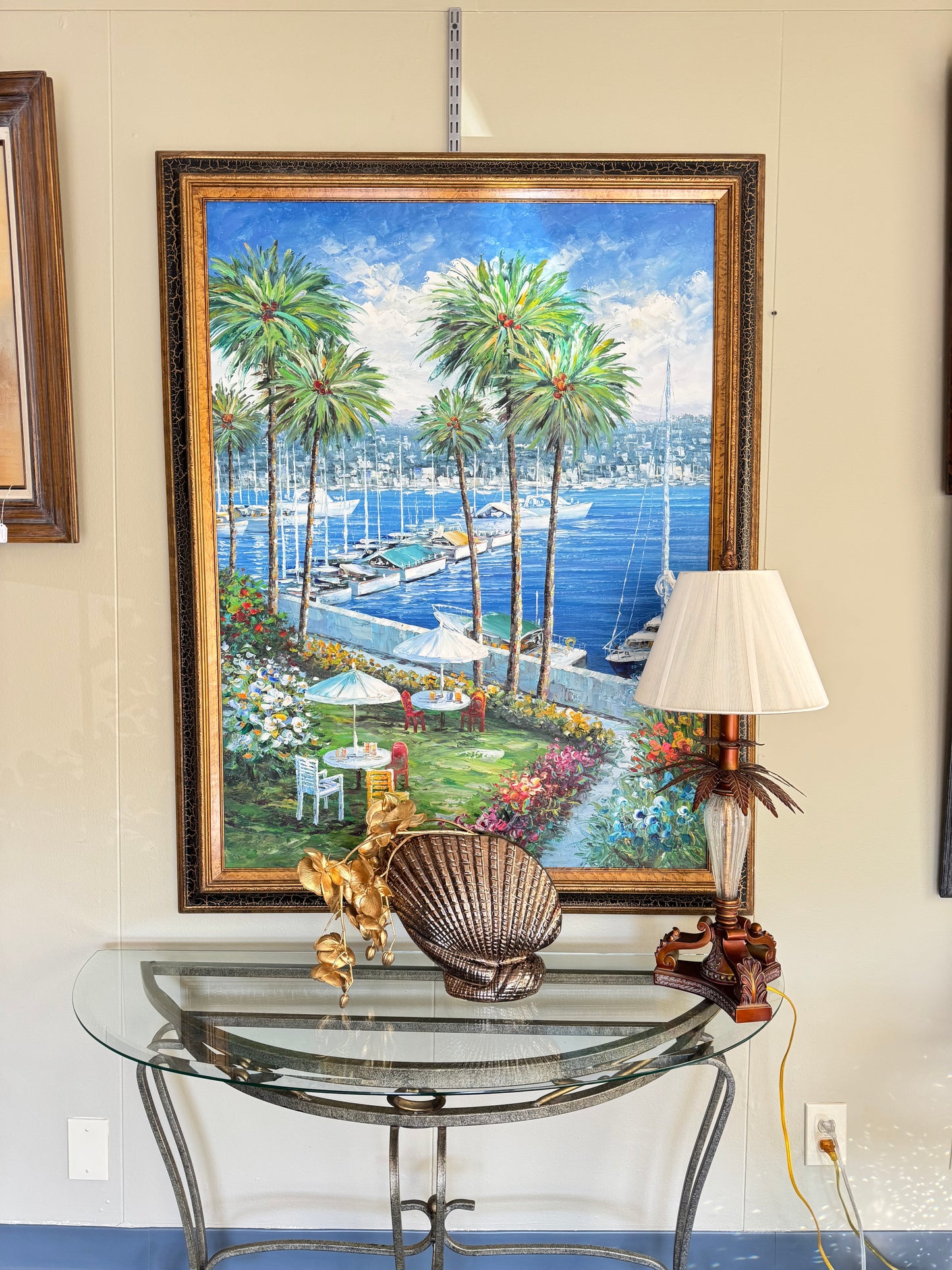 Large Framed Coastal Marina Painting w/ Palm Trees & Sailboats – Textured Oil Style Wall Art 53x42