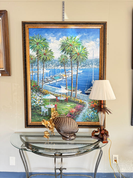Large Framed Coastal Marina Painting w/ Palm Trees & Sailboats – Textured Oil Style Wall Art 53x42