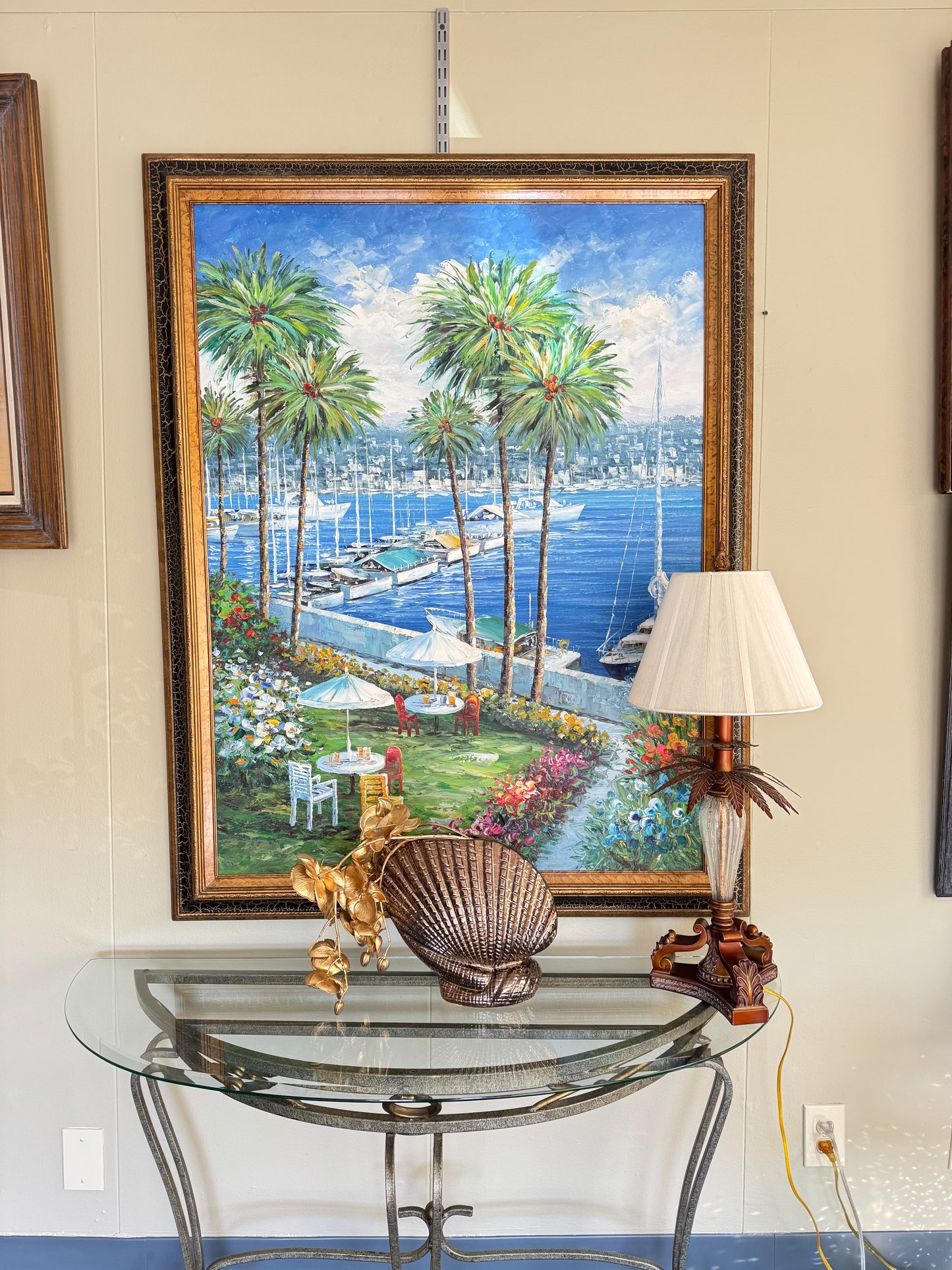 Large Framed Coastal Marina Painting w/ Palm Trees & Sailboats – Textured Oil Style Wall Art 53x42