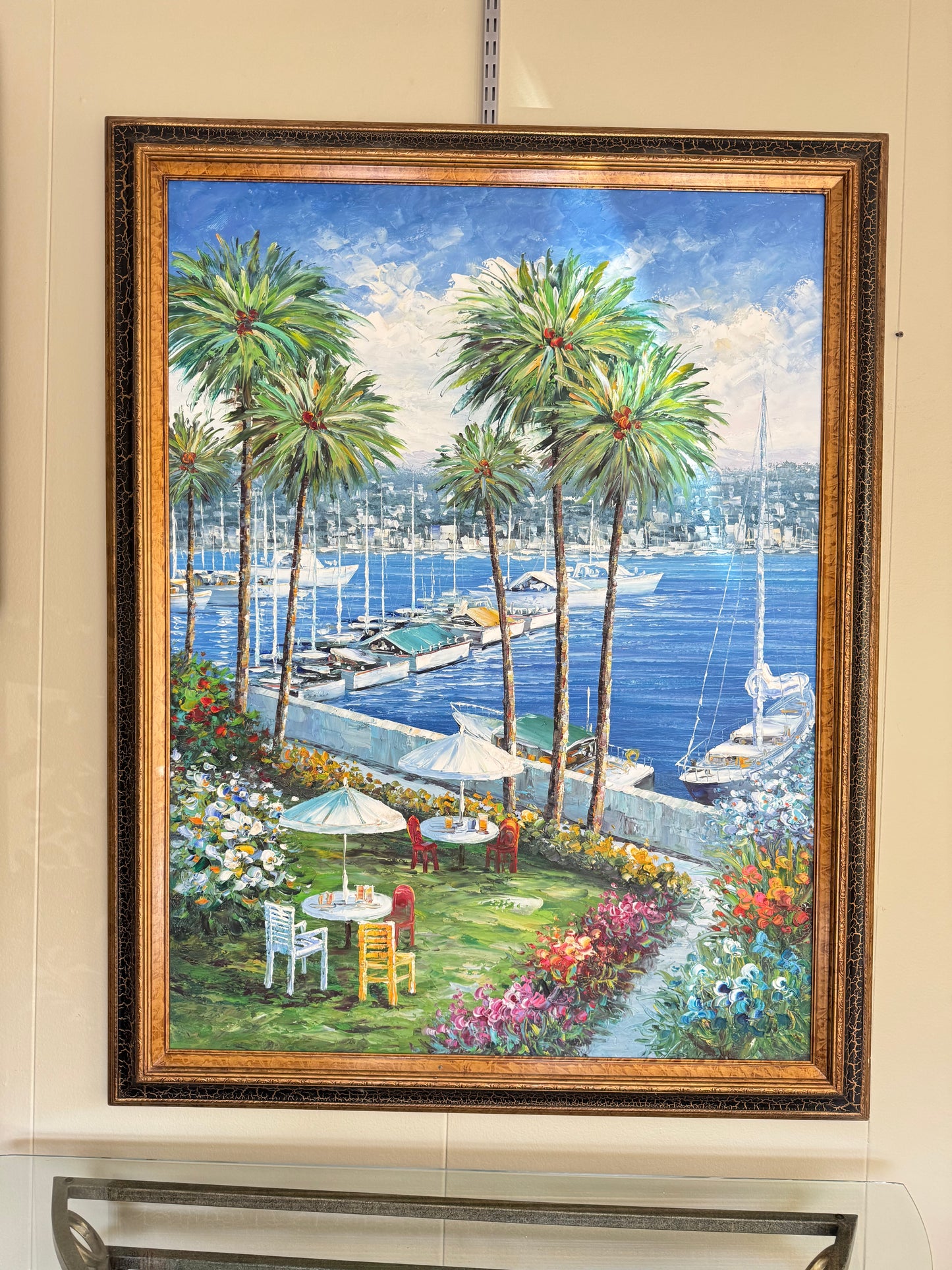 Large Framed Coastal Marina Painting w/ Palm Trees & Sailboats – Textured Oil Style Wall Art 53x42