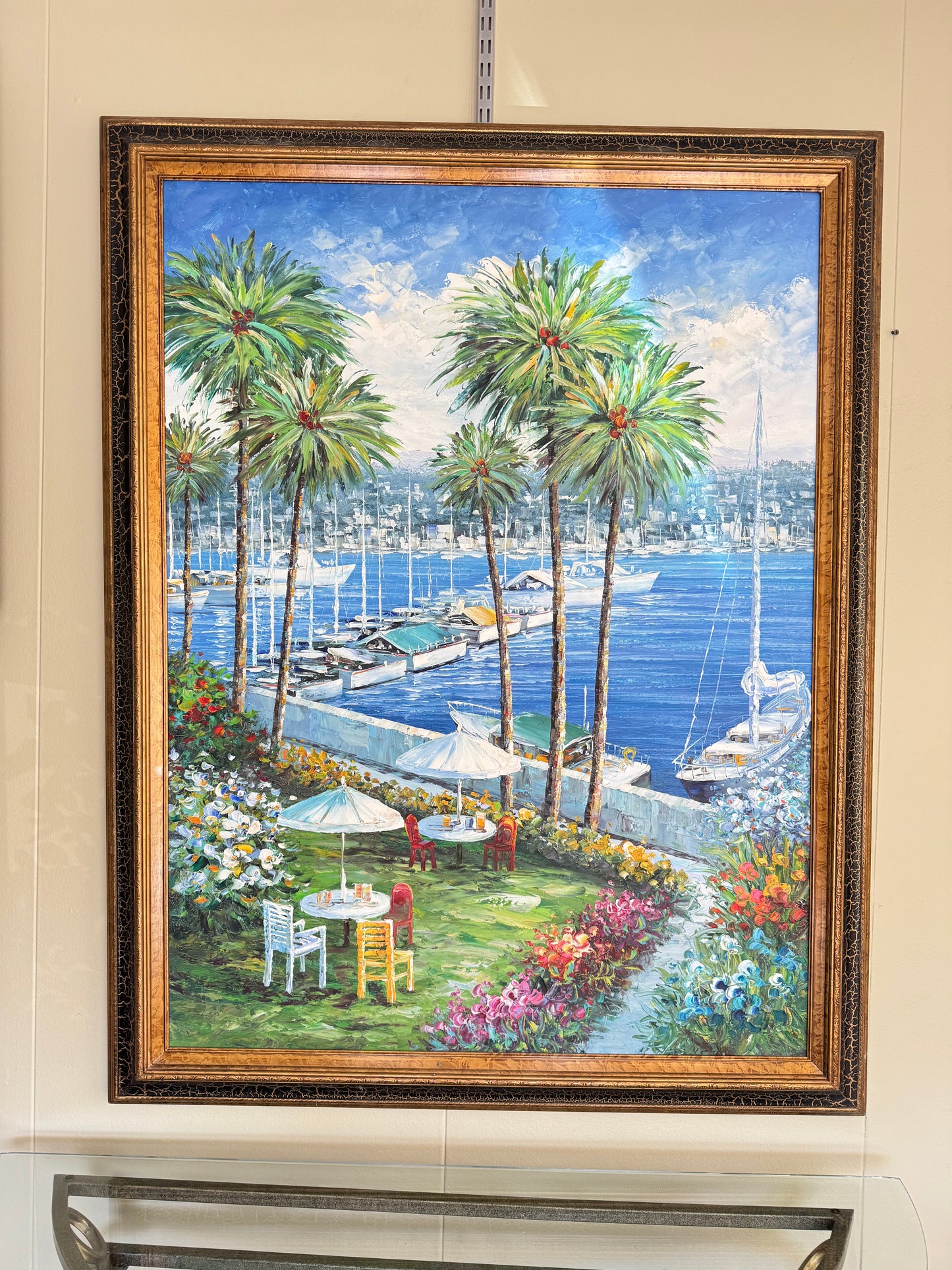 Large Framed Coastal Marina Painting w/ Palm Trees & Sailboats – Textured Oil Style Wall Art 53x42