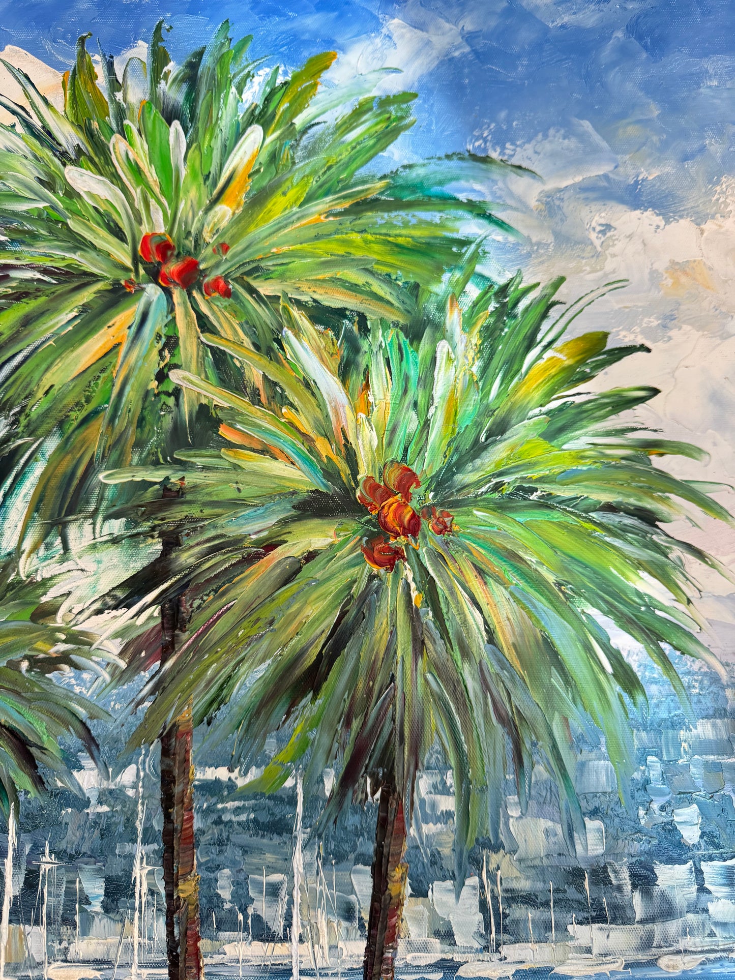 Large Framed Coastal Marina Painting w/ Palm Trees & Sailboats – Textured Oil Style Wall Art 53x42