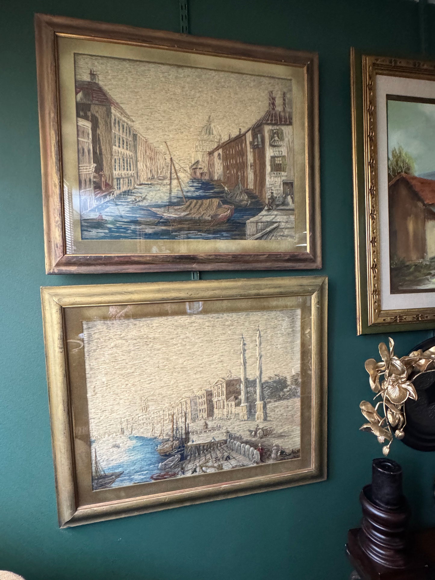 Set of 2 Vintage Hand-Embroidered Tapestry Art – European Harbor Scenes 31"x25"