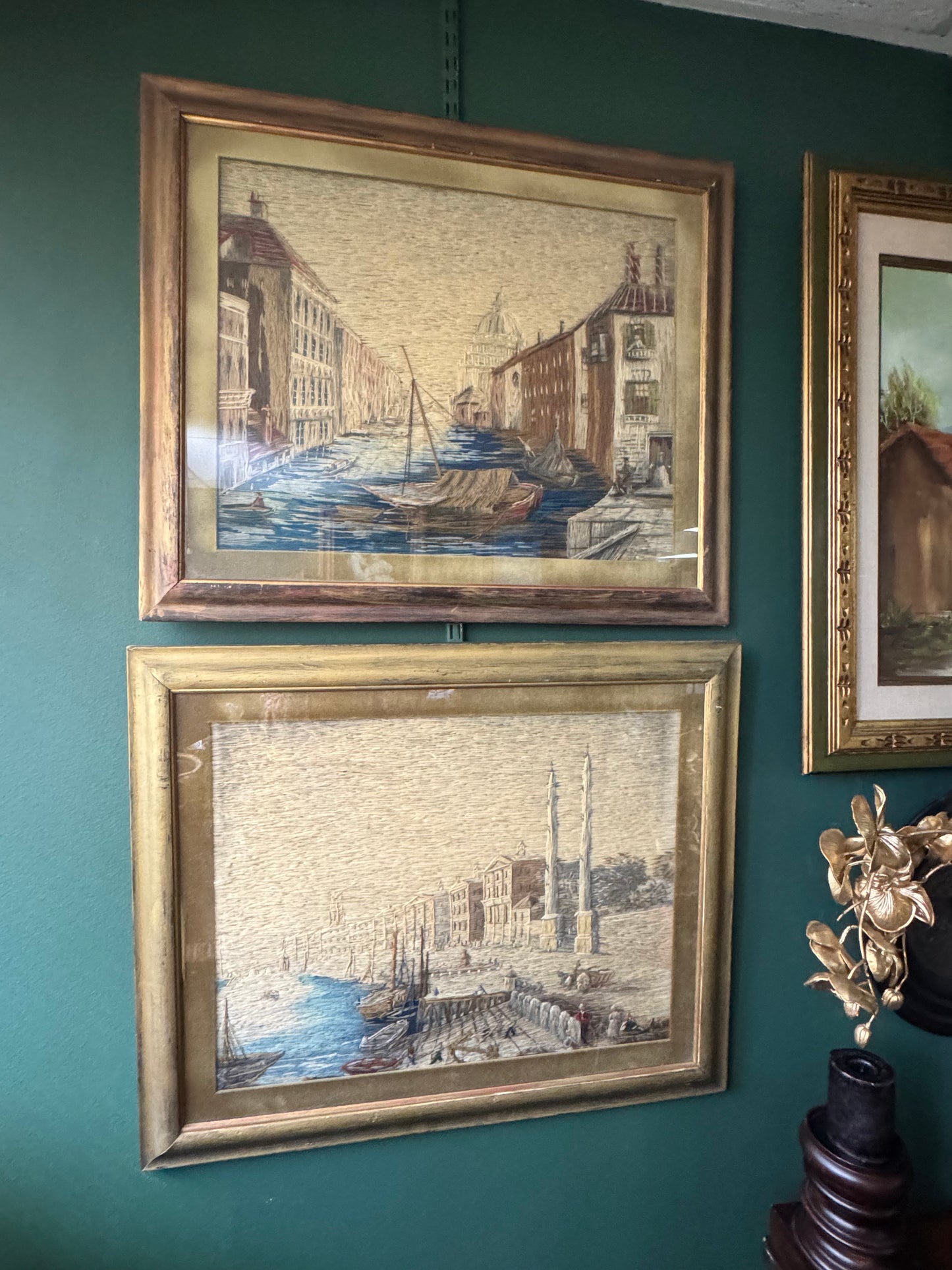 Set of 2 Vintage Hand-Embroidered Tapestry Art – European Harbor Scenes 31"x25"