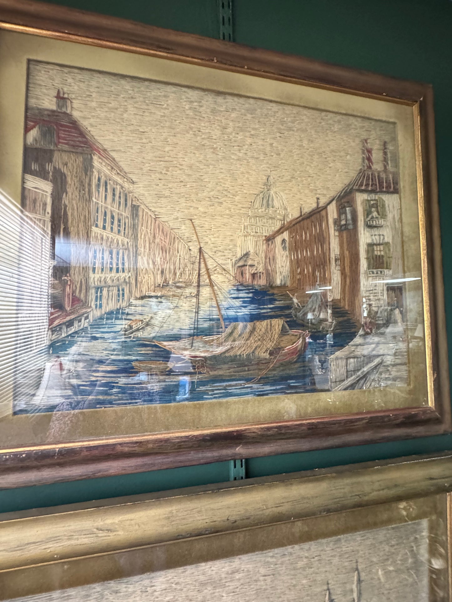 Set of 2 Vintage Hand-Embroidered Tapestry Art – European Harbor Scenes 31"x25"