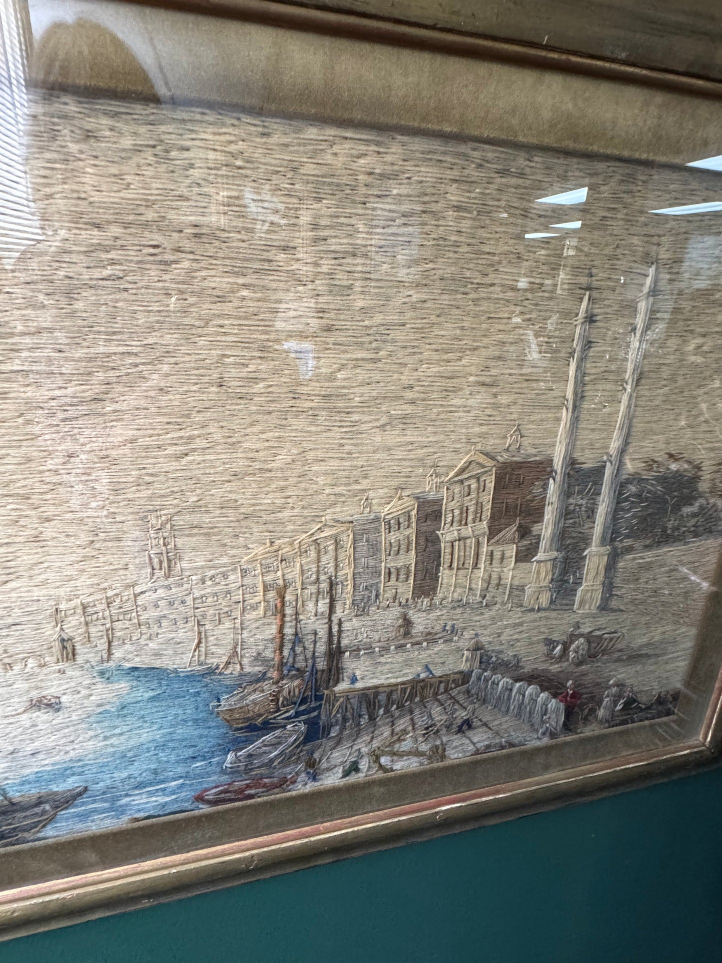 Set of 2 Vintage Hand-Embroidered Tapestry Art – European Harbor Scenes 31"x25"