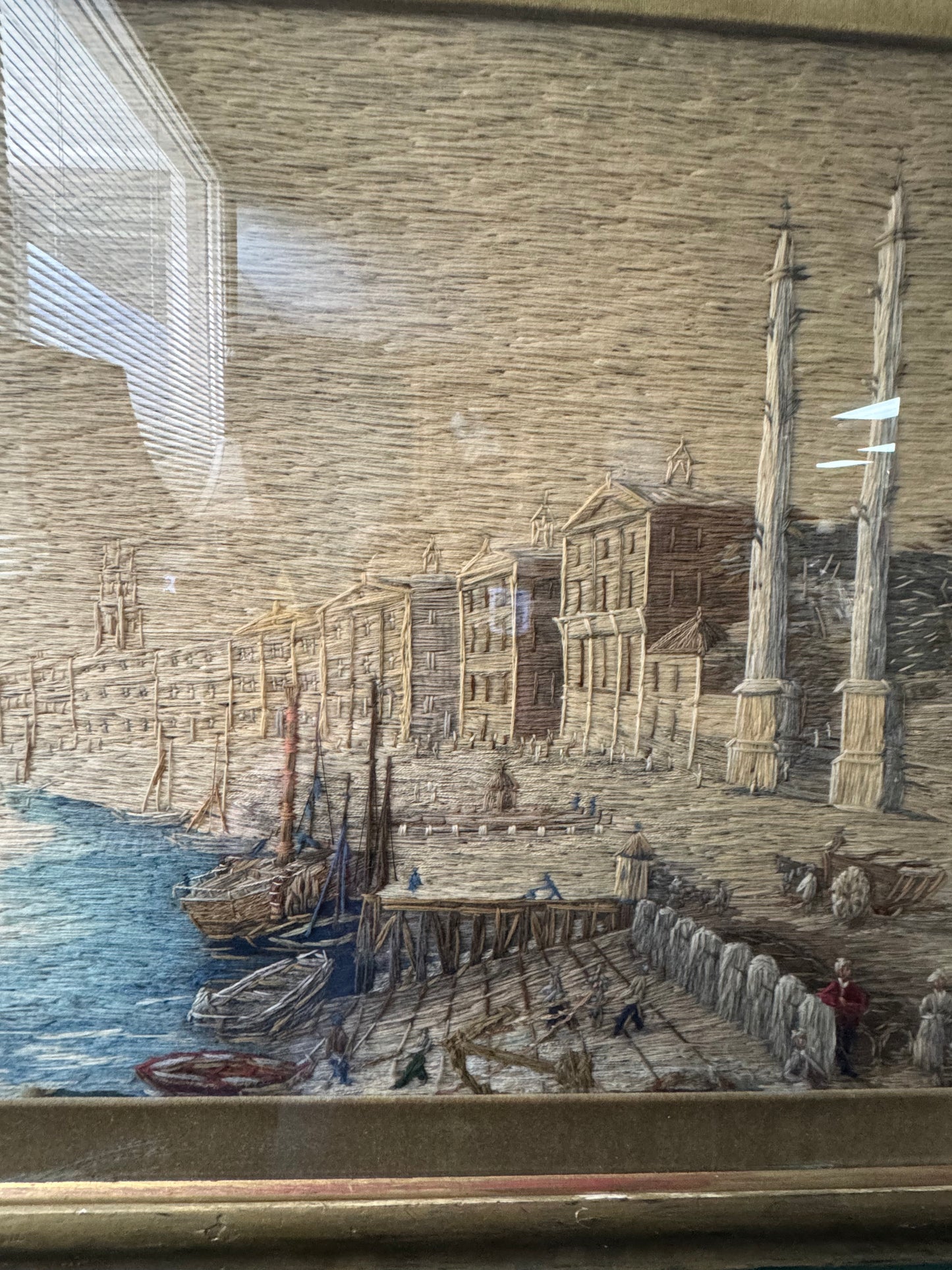 Set of 2 Vintage Hand-Embroidered Tapestry Art – European Harbor Scenes 31"x25"