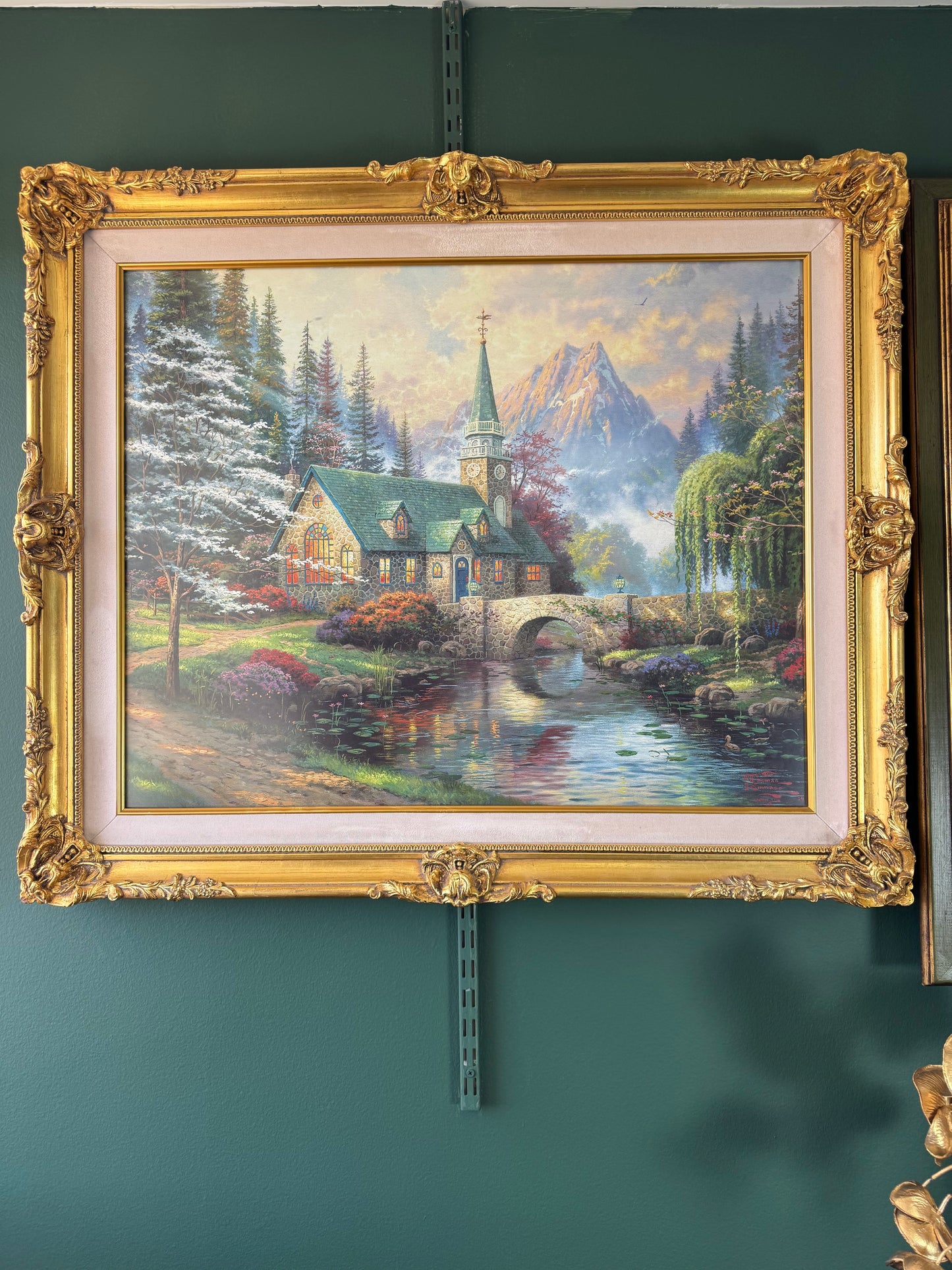 Thomas Kinkade “The Mountain Chapel” Textured Canvas Print in Ornate Gold Frame 37"x30"