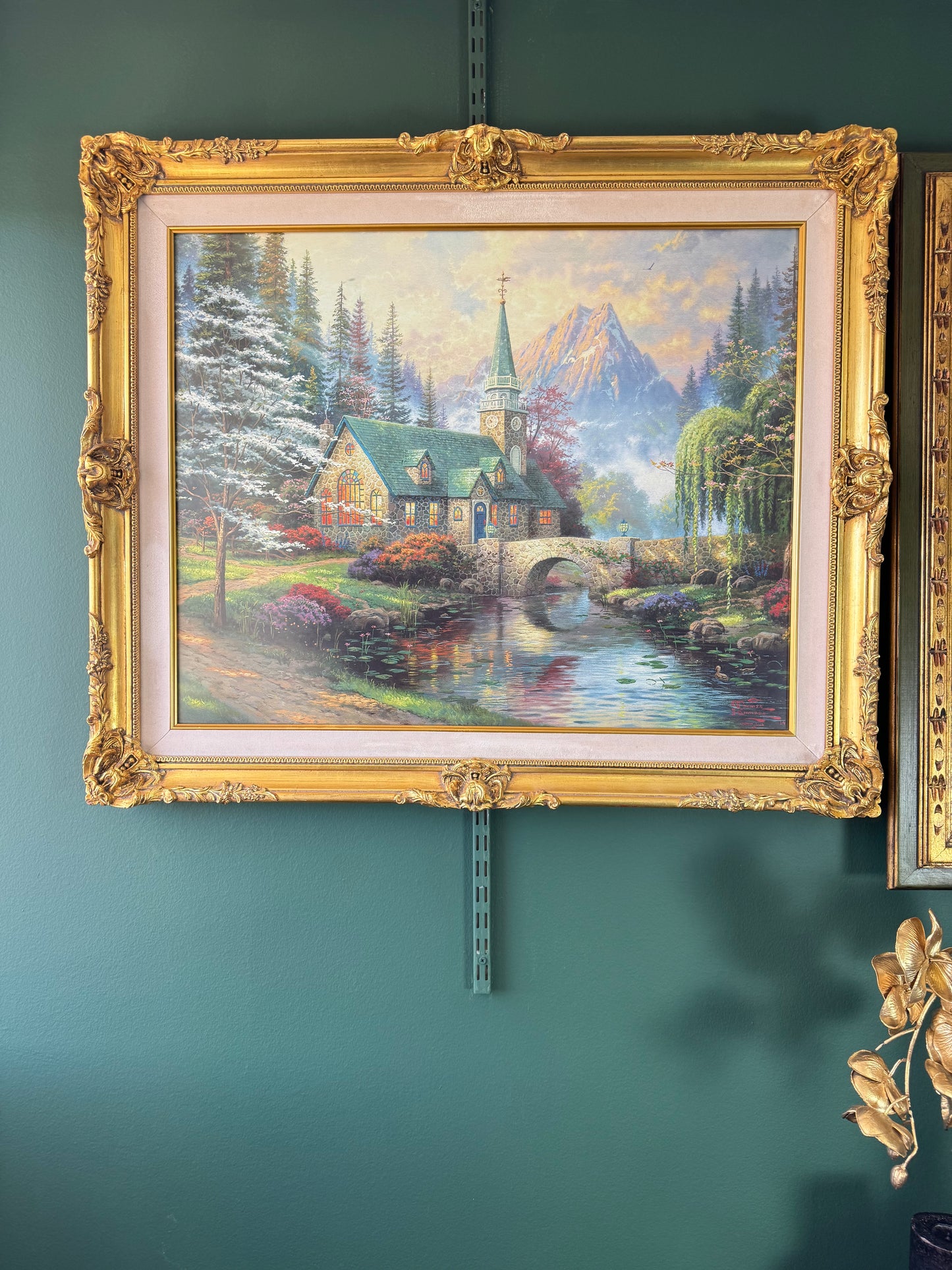 Thomas Kinkade “The Mountain Chapel” Textured Canvas Print in Ornate Gold Frame 37"x30"