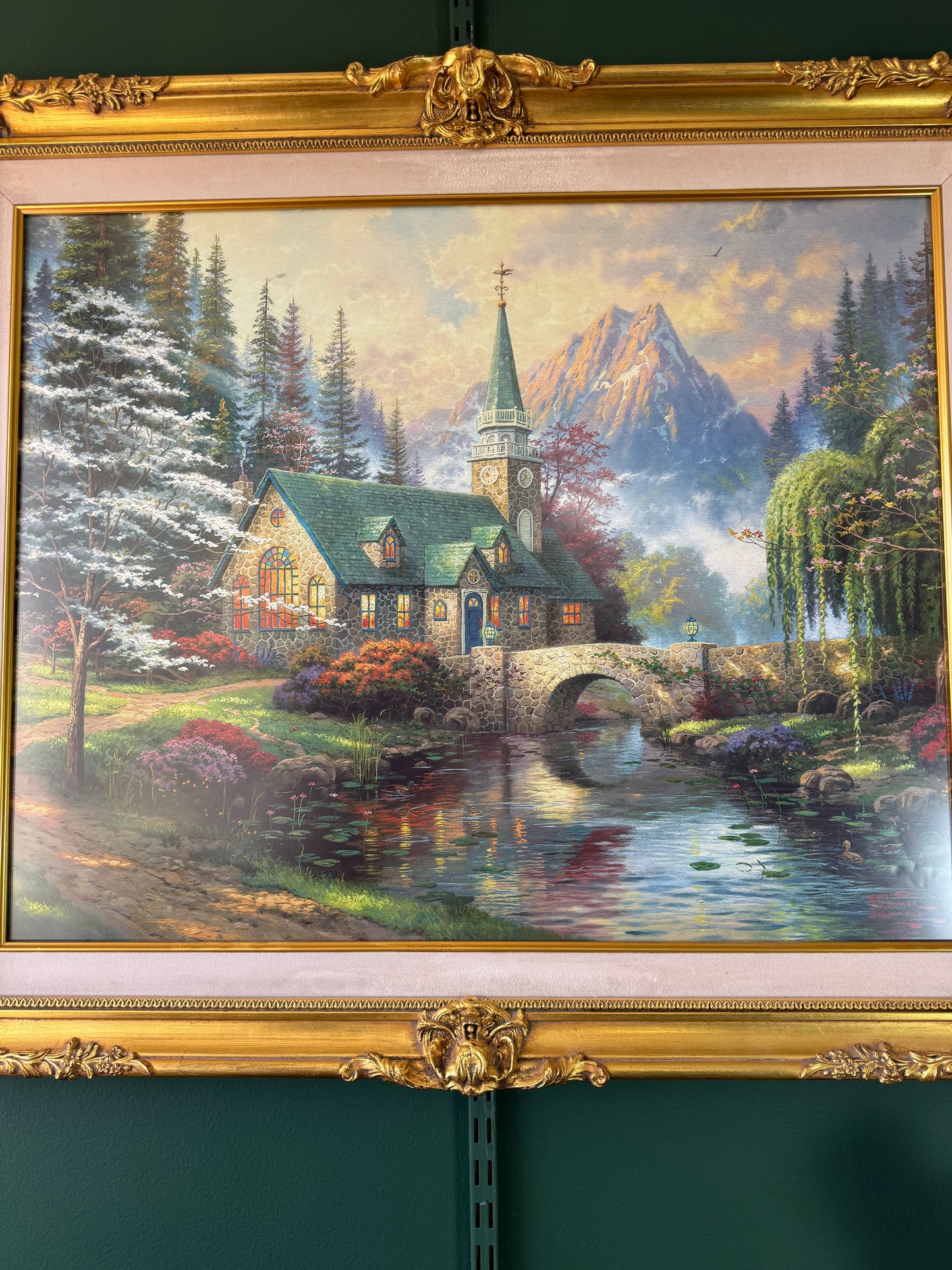 Thomas Kinkade “The Mountain Chapel” Textured Canvas Print in Ornate Gold Frame 37"x30"