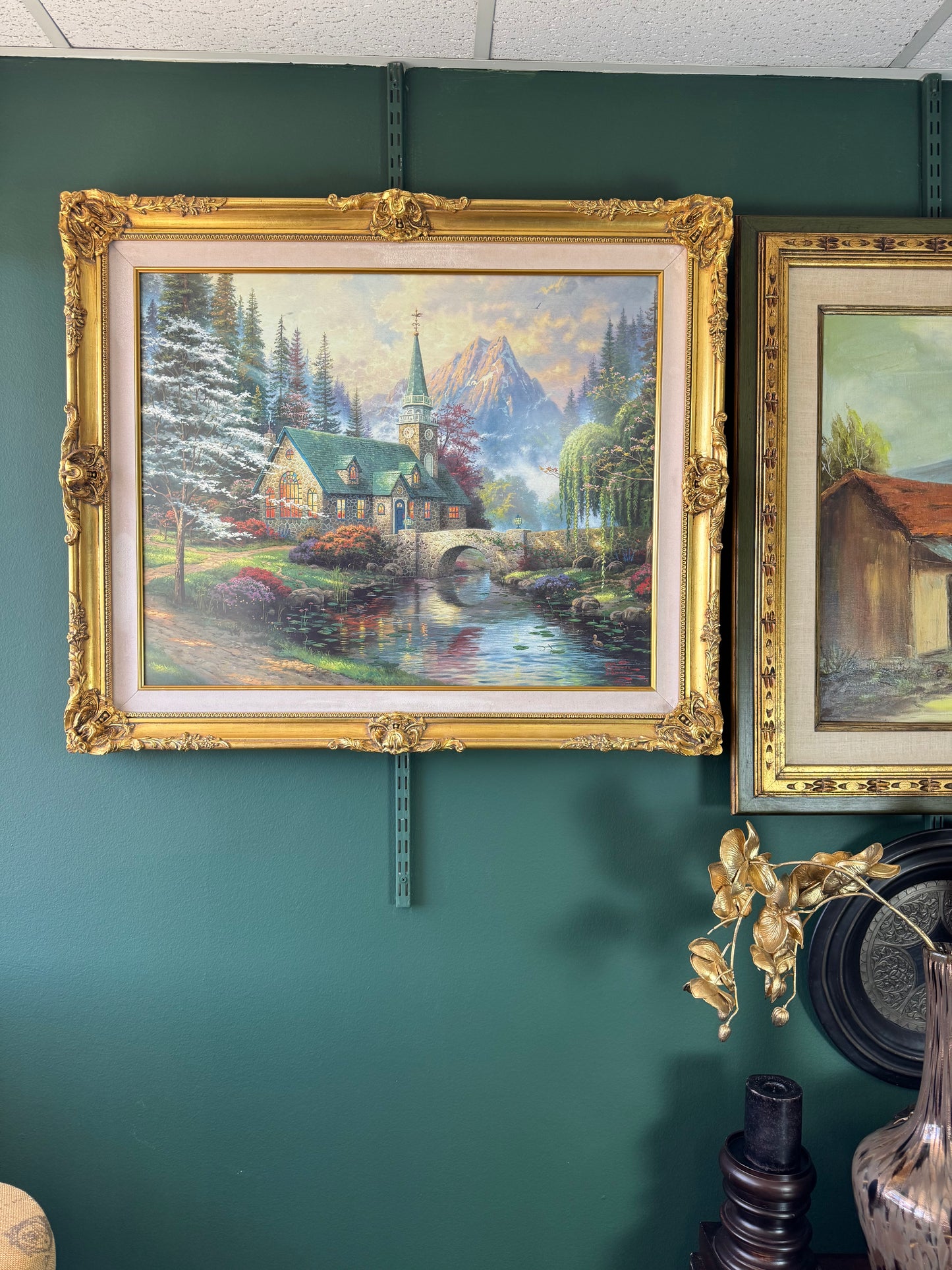 Thomas Kinkade “The Mountain Chapel” Textured Canvas Print in Ornate Gold Frame 37"x30"