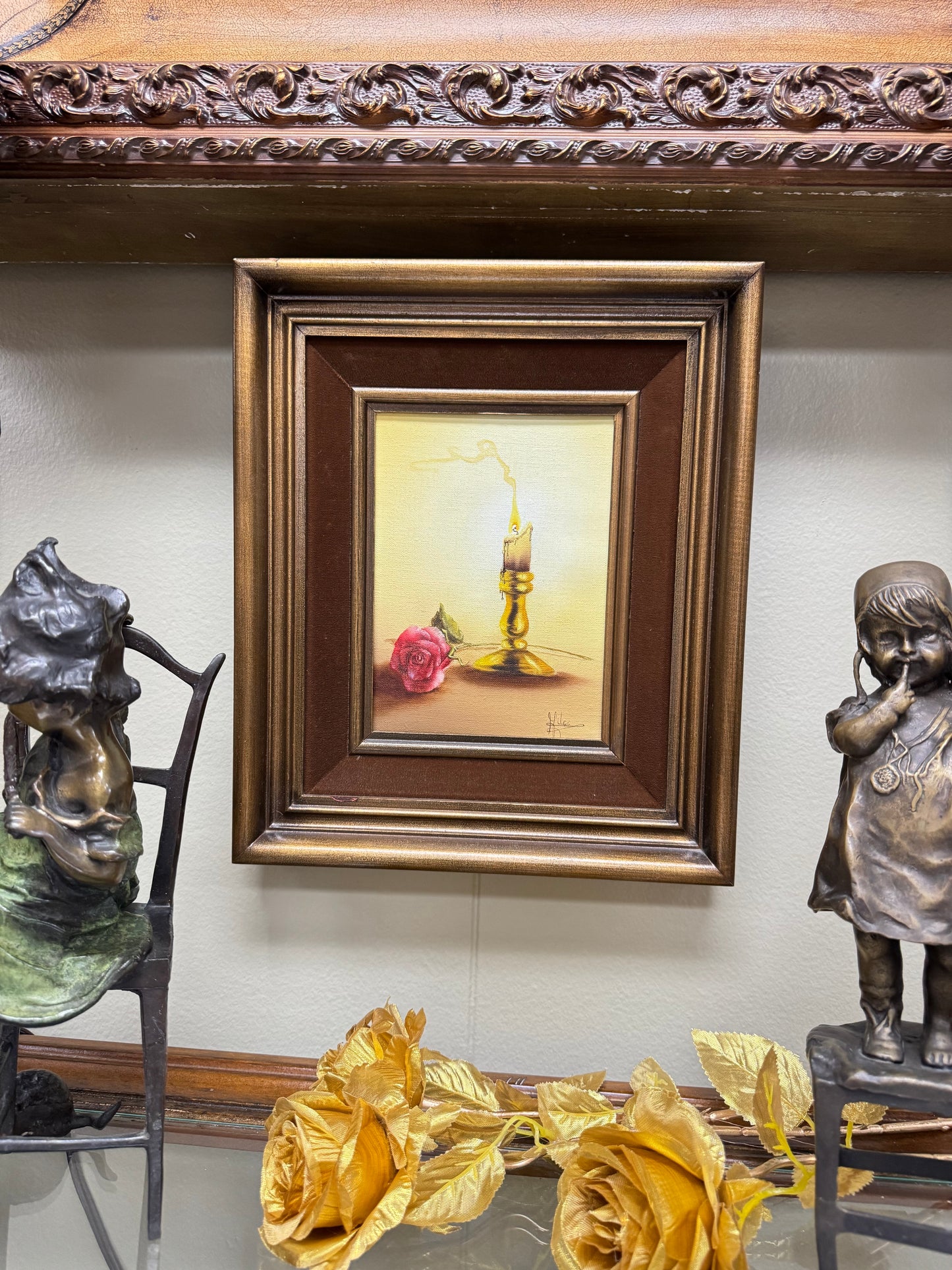 Vintage Signed Still Life Oil Painting Rose & Candle Romantic Cottage Wall Art Framed 12x11