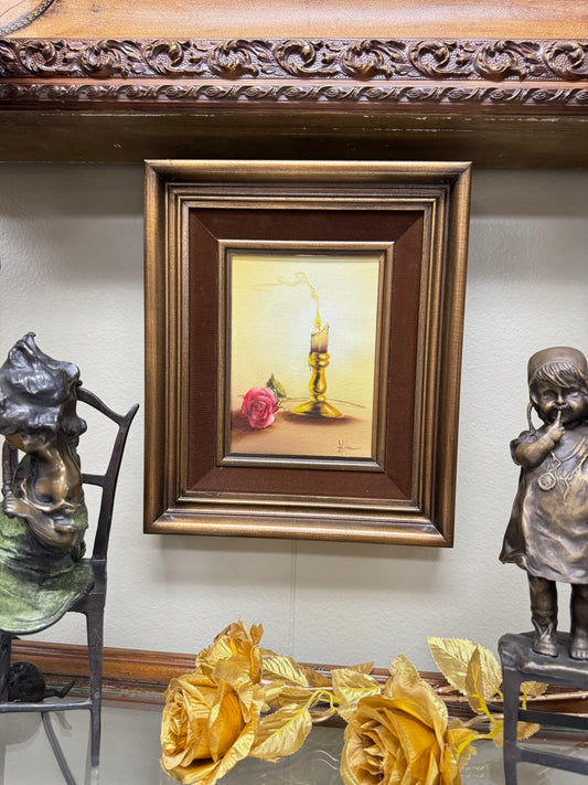 Vintage Signed Still Life Oil Painting Rose & Candle Romantic Cottage Wall Art Framed 12x11