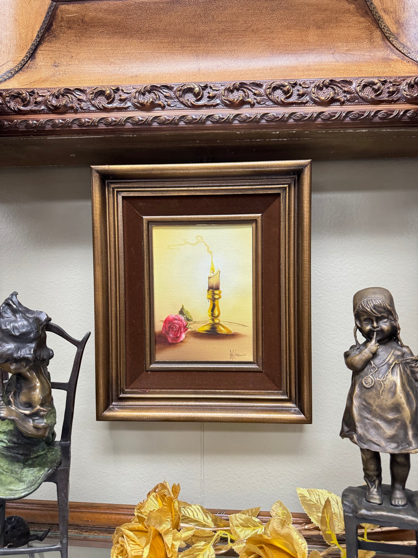 Vintage Signed Still Life Oil Painting Rose & Candle Romantic Cottage Wall Art Framed 12x11
