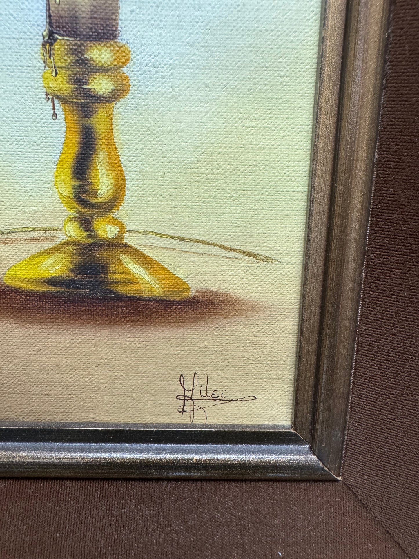 Vintage Signed Still Life Oil Painting Rose & Candle Romantic Cottage Wall Art Framed 12x11