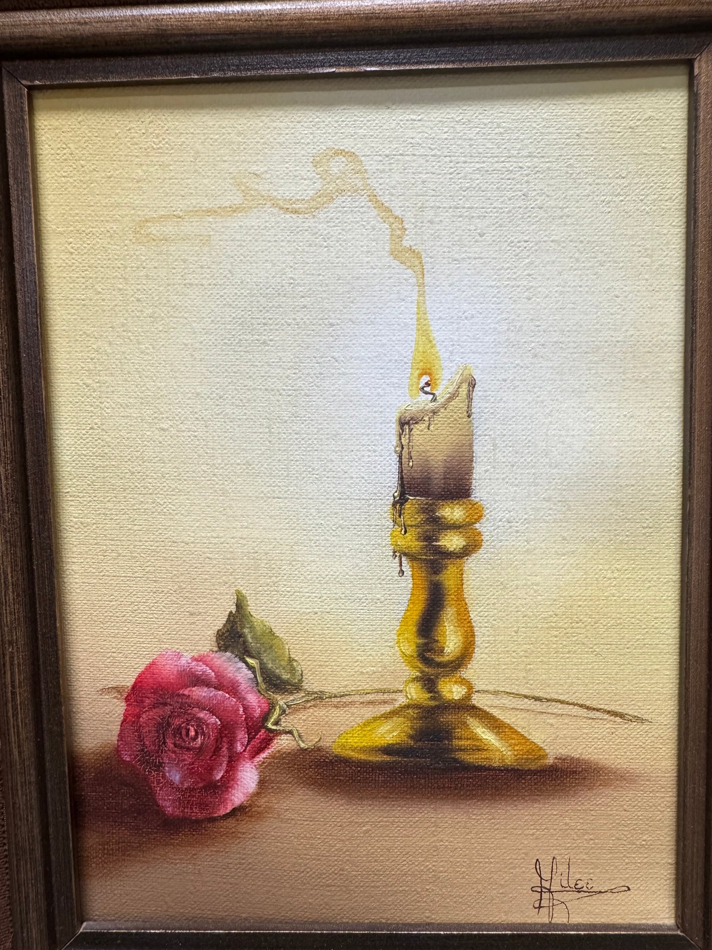 Vintage Signed Still Life Oil Painting Rose & Candle Romantic Cottage Wall Art Framed 12x11