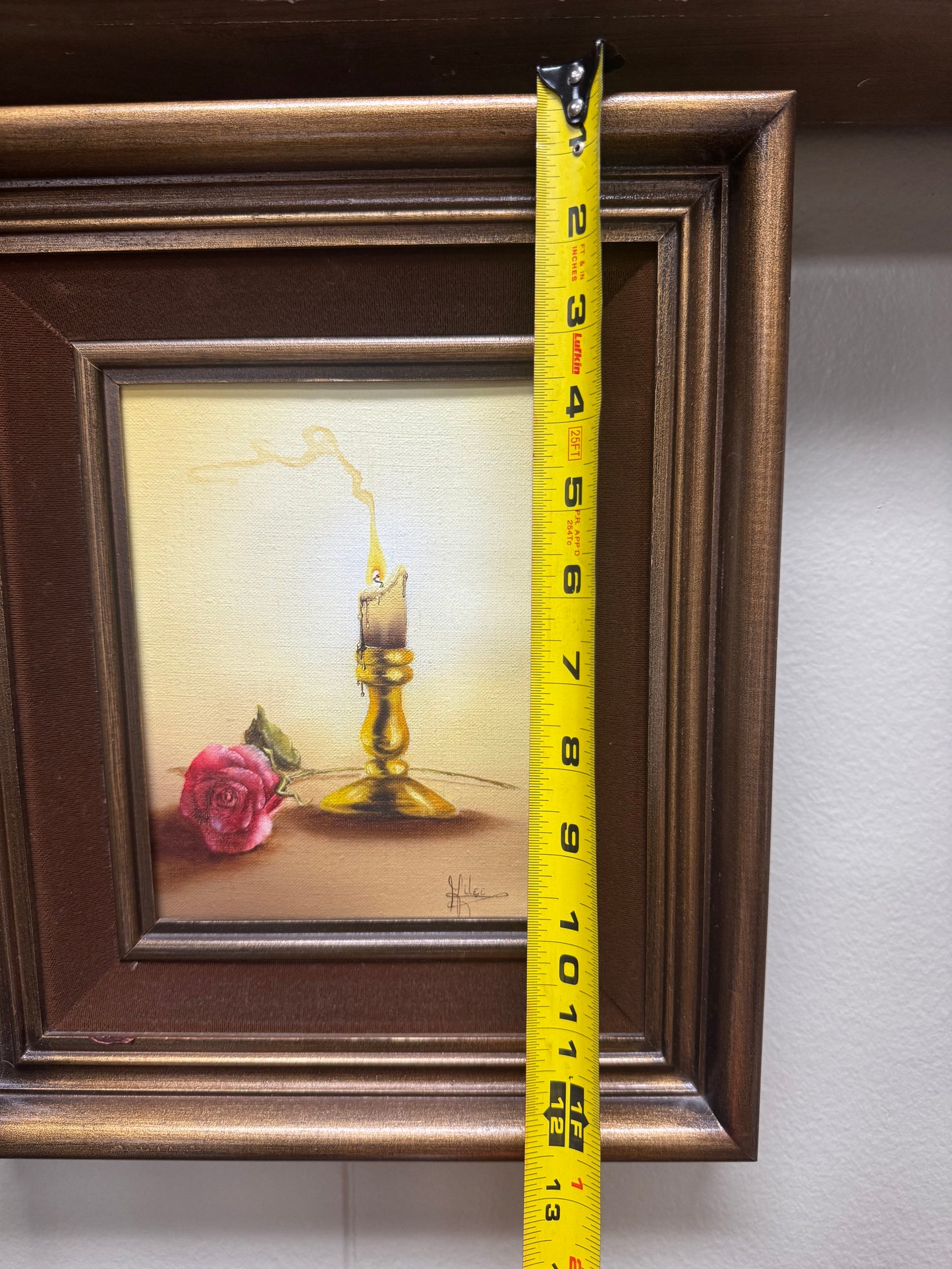 Vintage Signed Still Life Oil Painting Rose & Candle Romantic Cottage Wall Art Framed 12x11