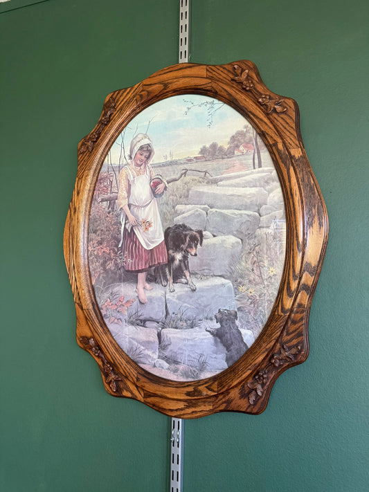 Vintage Country Girl with Dogs Art Print in Ornate Oval Wood Frame