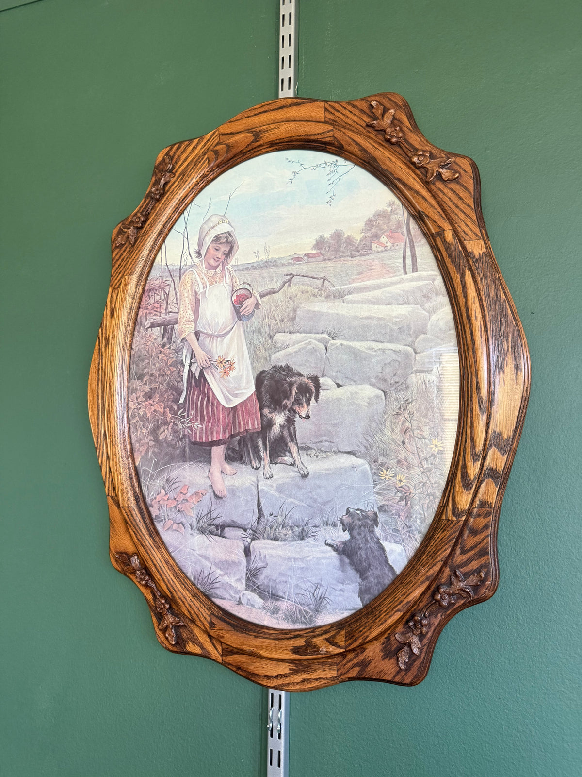 Vintage Country Girl with Dogs Art Print in Ornate Oval Wood Frame