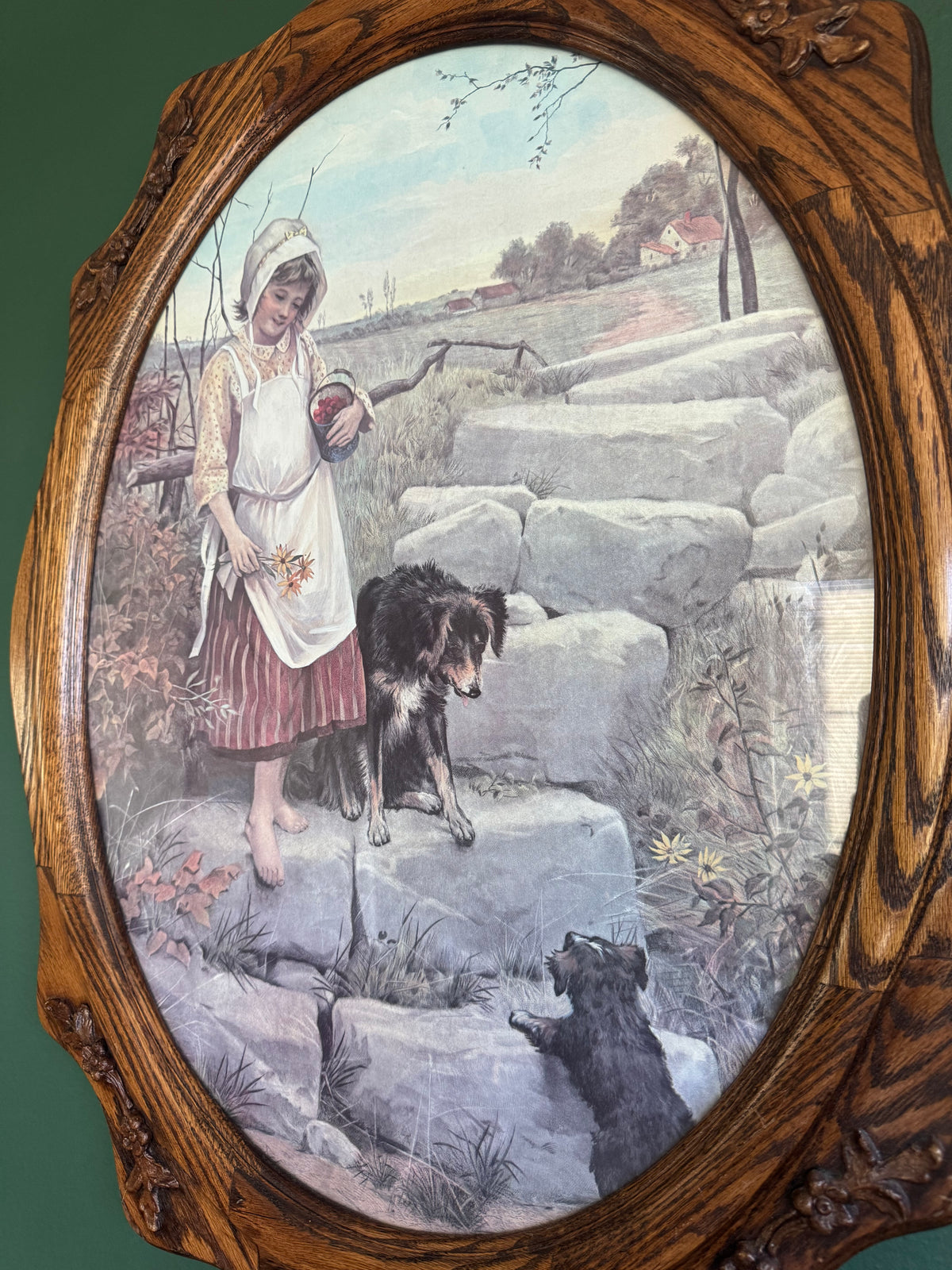 Vintage Country Girl with Dogs Art Print in Ornate Oval Wood Frame