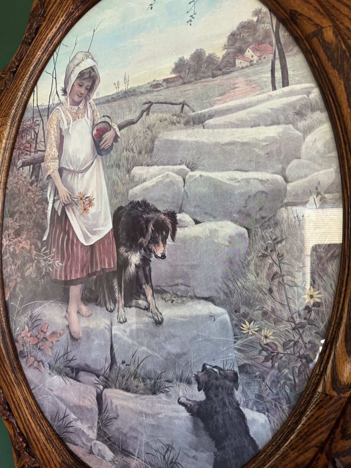 Vintage Country Girl with Dogs Art Print in Ornate Oval Wood Frame
