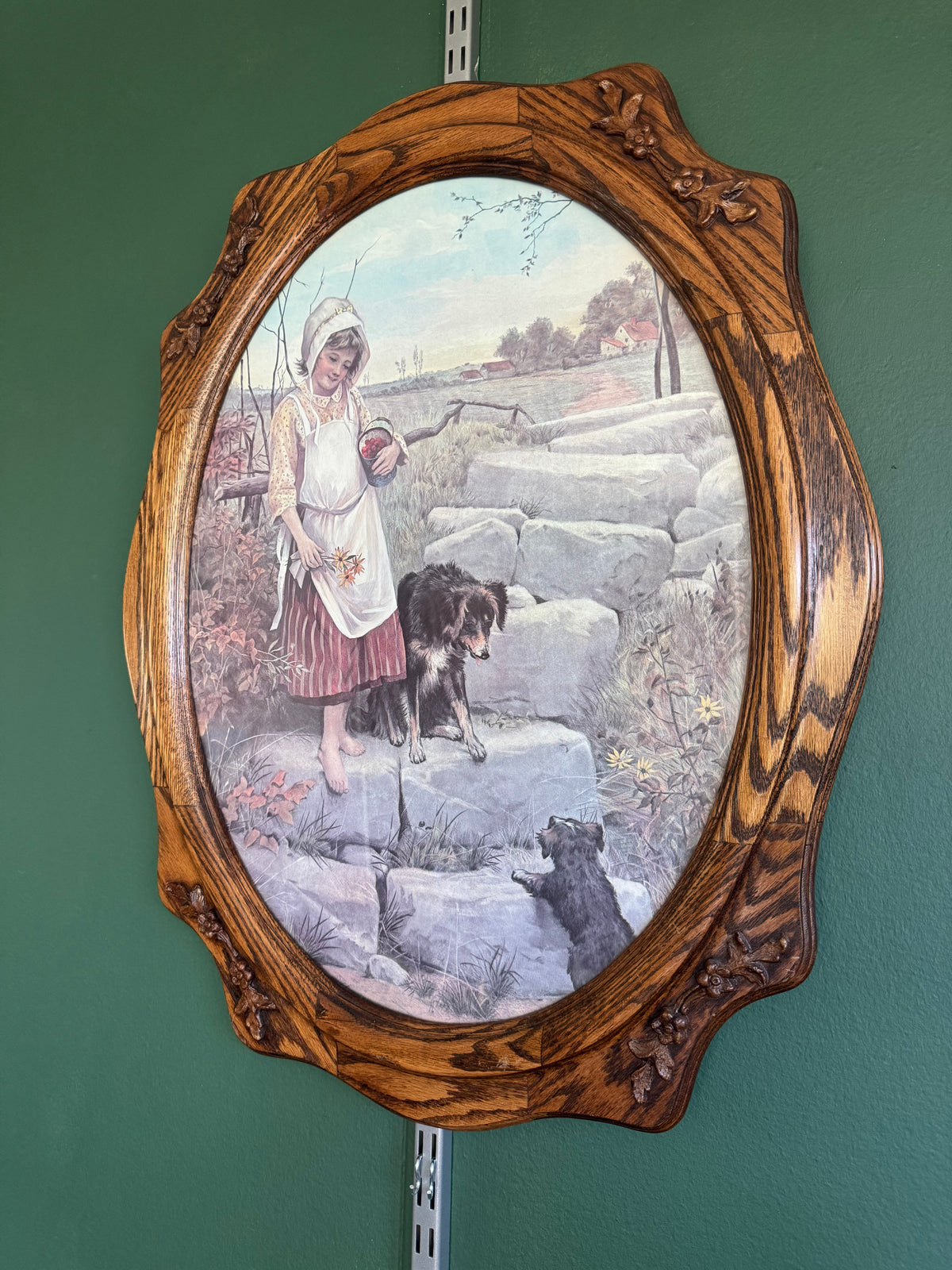 Vintage Country Girl with Dogs Art Print in Ornate Oval Wood Frame